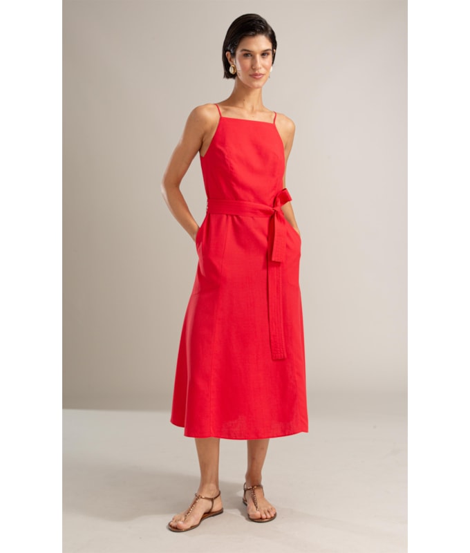 Vestido Coral Linho Blend Liso Vermelho Vivo
