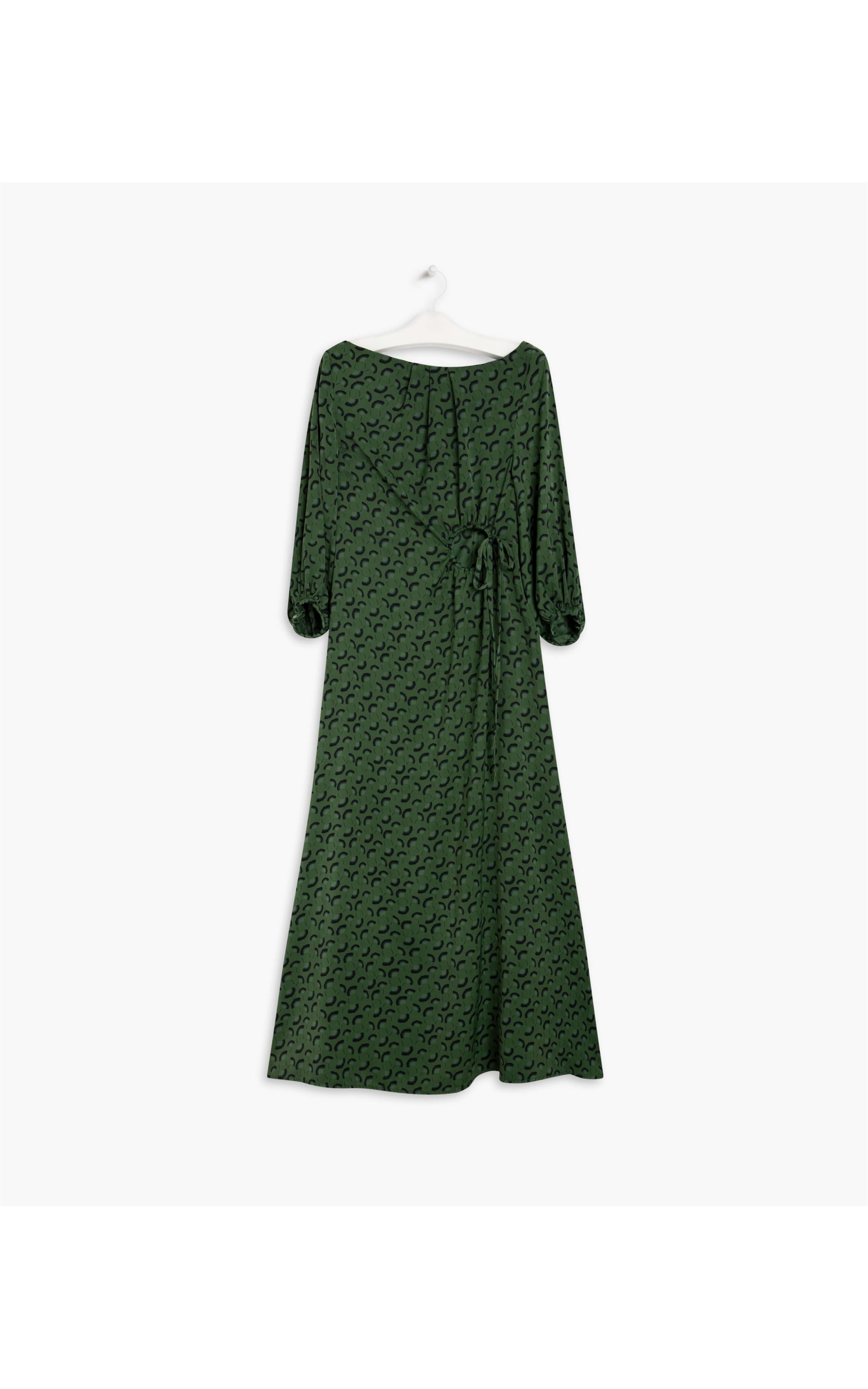 Vestido Damasco Estampa Leques Verde Escuro