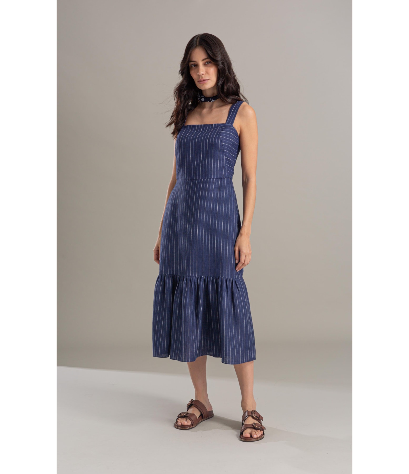 Vestido Dunas Puro Linho Fio Tinto Dark Navy