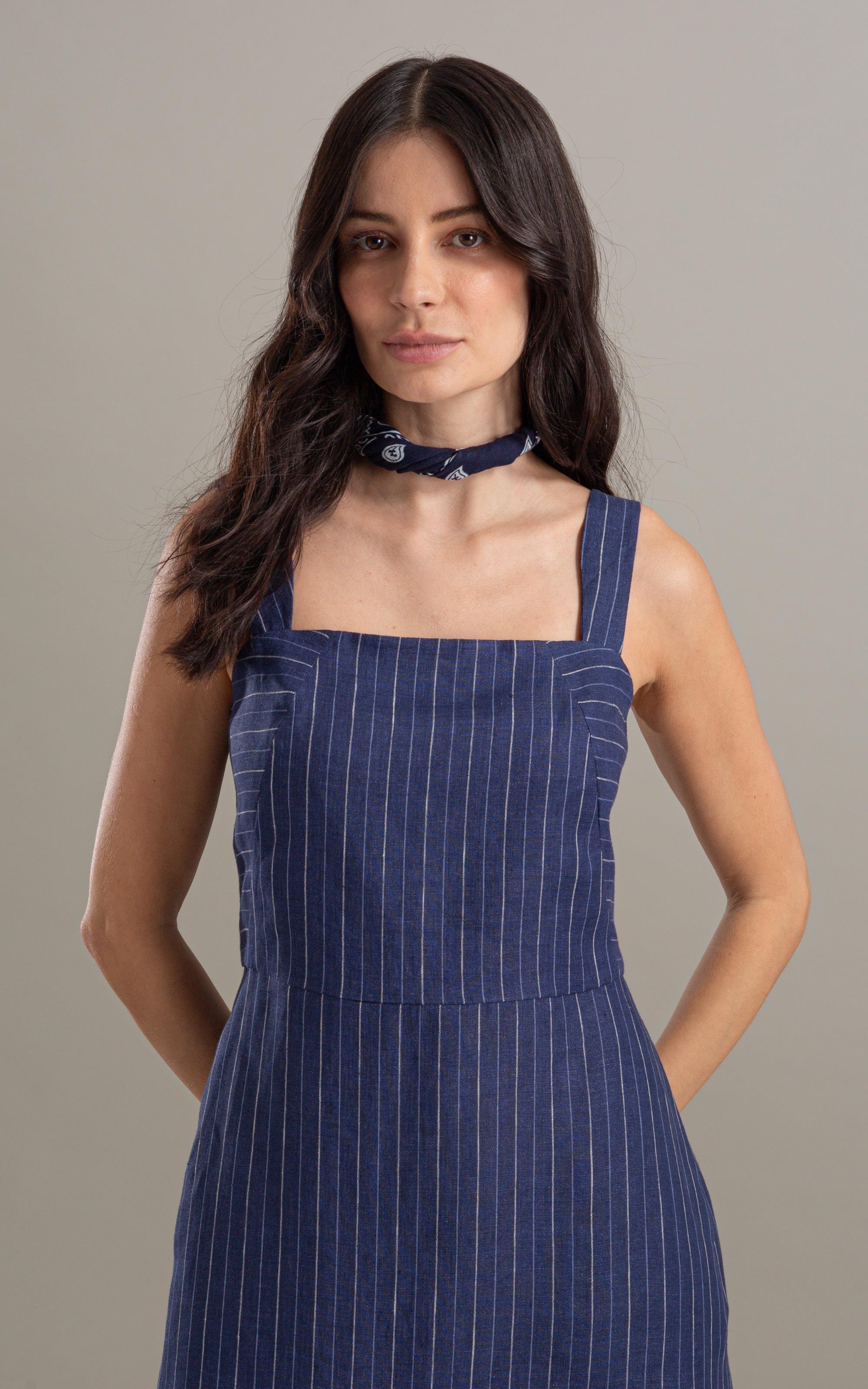 Vestido Dunas Puro Linho Fio Tinto Dark Navy
