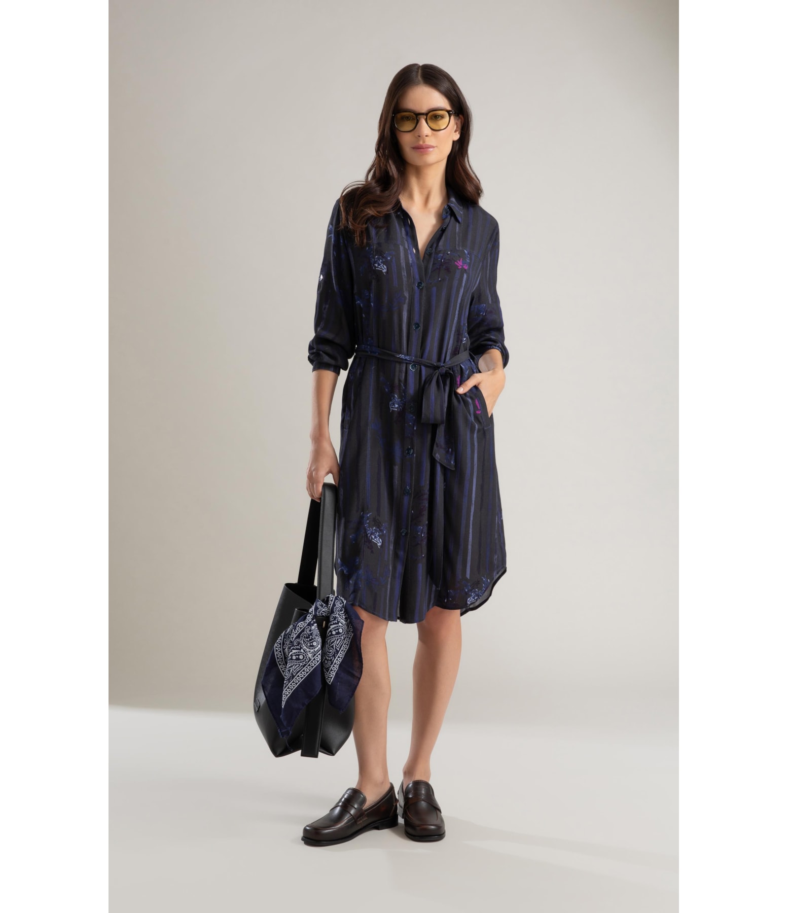 Vestido Emi Viscose  Floral Listra Dark Navy