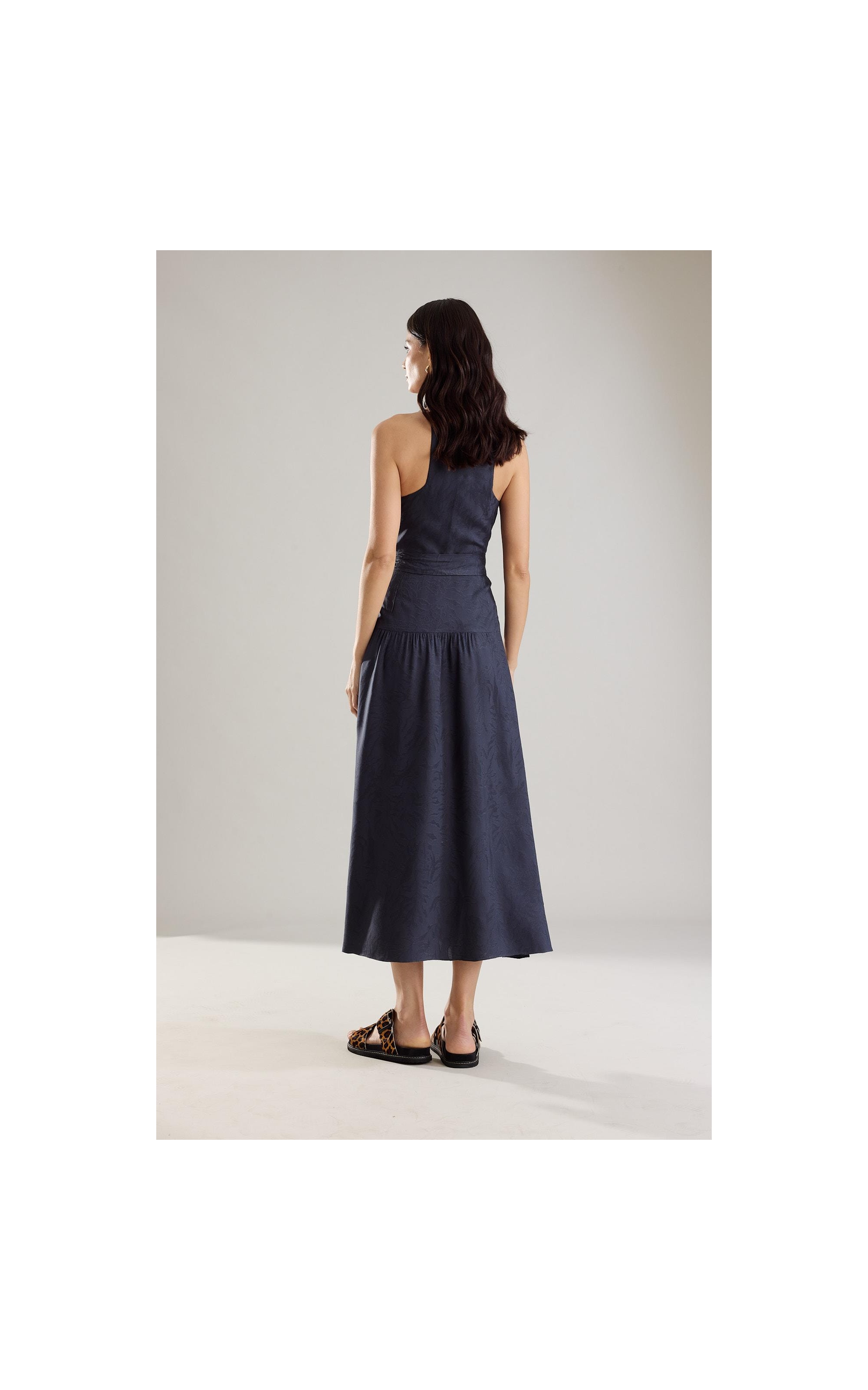 Vestido Gabriela Jacquard Crivo Algas Dark Navy