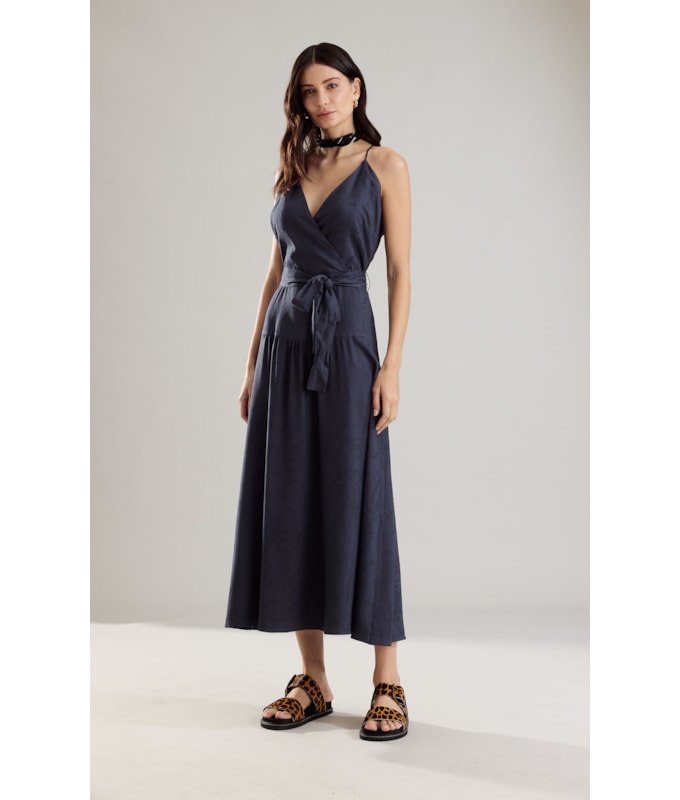Vestido Gabriela Jacquard Crivo Algas Dark Navy