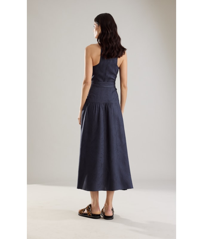 Vestido Gabriela Jacquard Crivo Algas Dark Navy