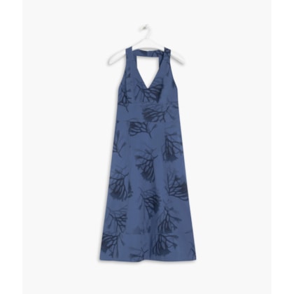 Vestido Linho  Arpoador  Estampa Corais Azul Jeans
