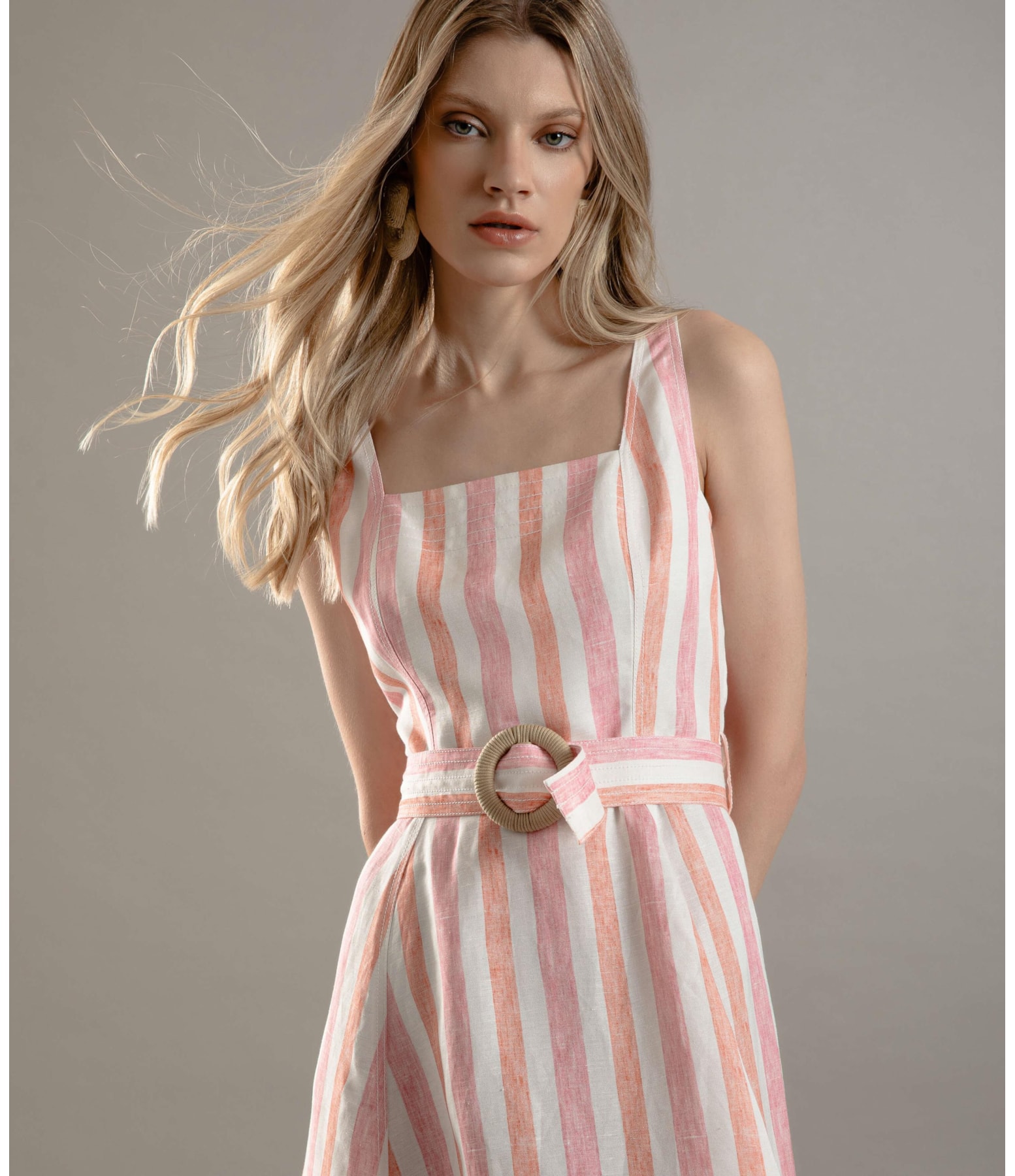 Vestido Linho  Arraial  Listrado Lilas