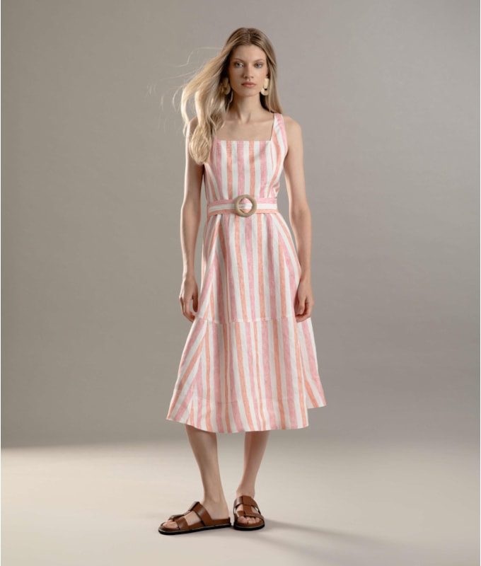 Vestido Linho  Arraial  Listrado Lilas