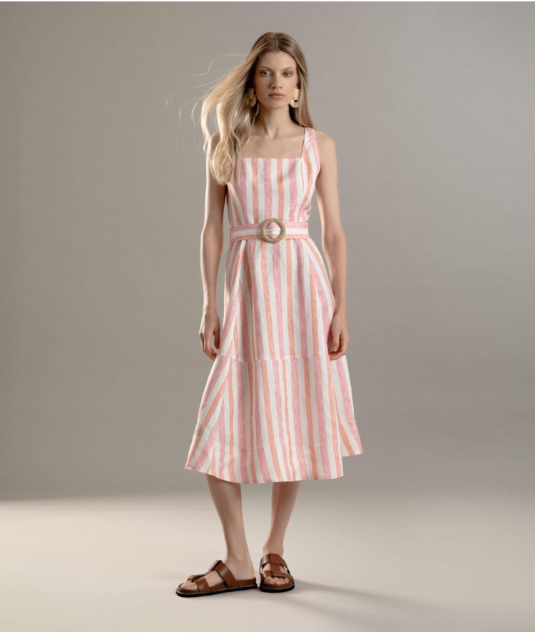 Vestido Linho  Arraial  Listrado Lilas