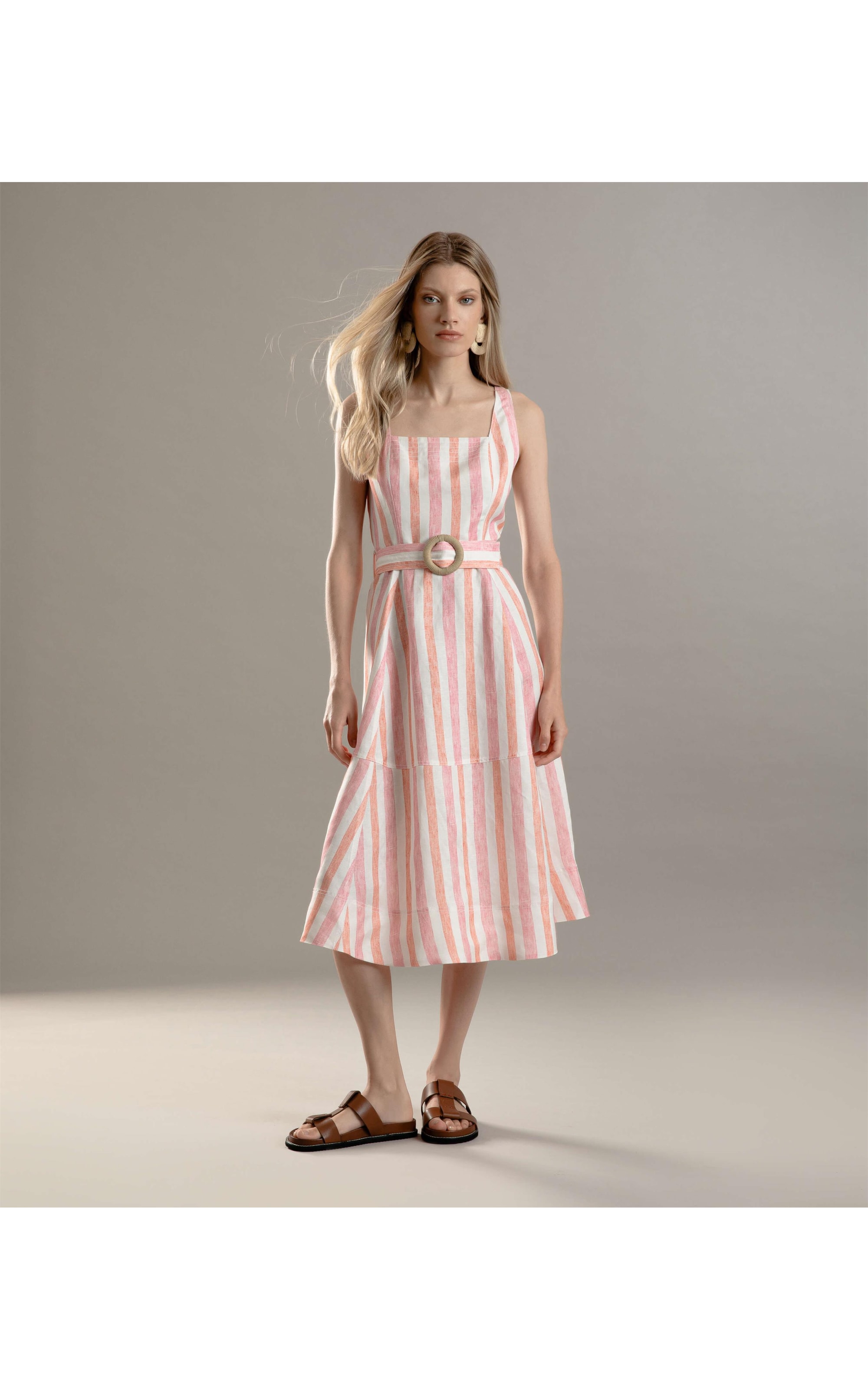 Vestido Linho  Arraial  Listrado Rosa Gum