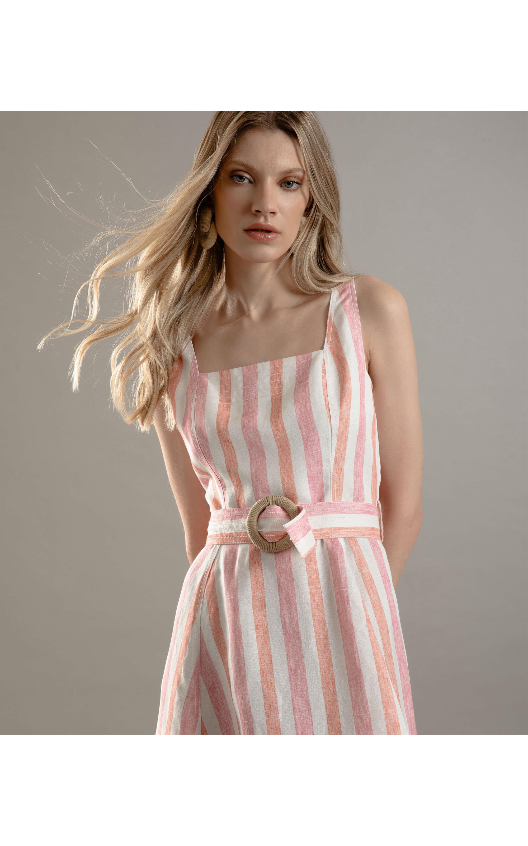 Vestido Linho  Arraial  Listrado Rosa Gum
