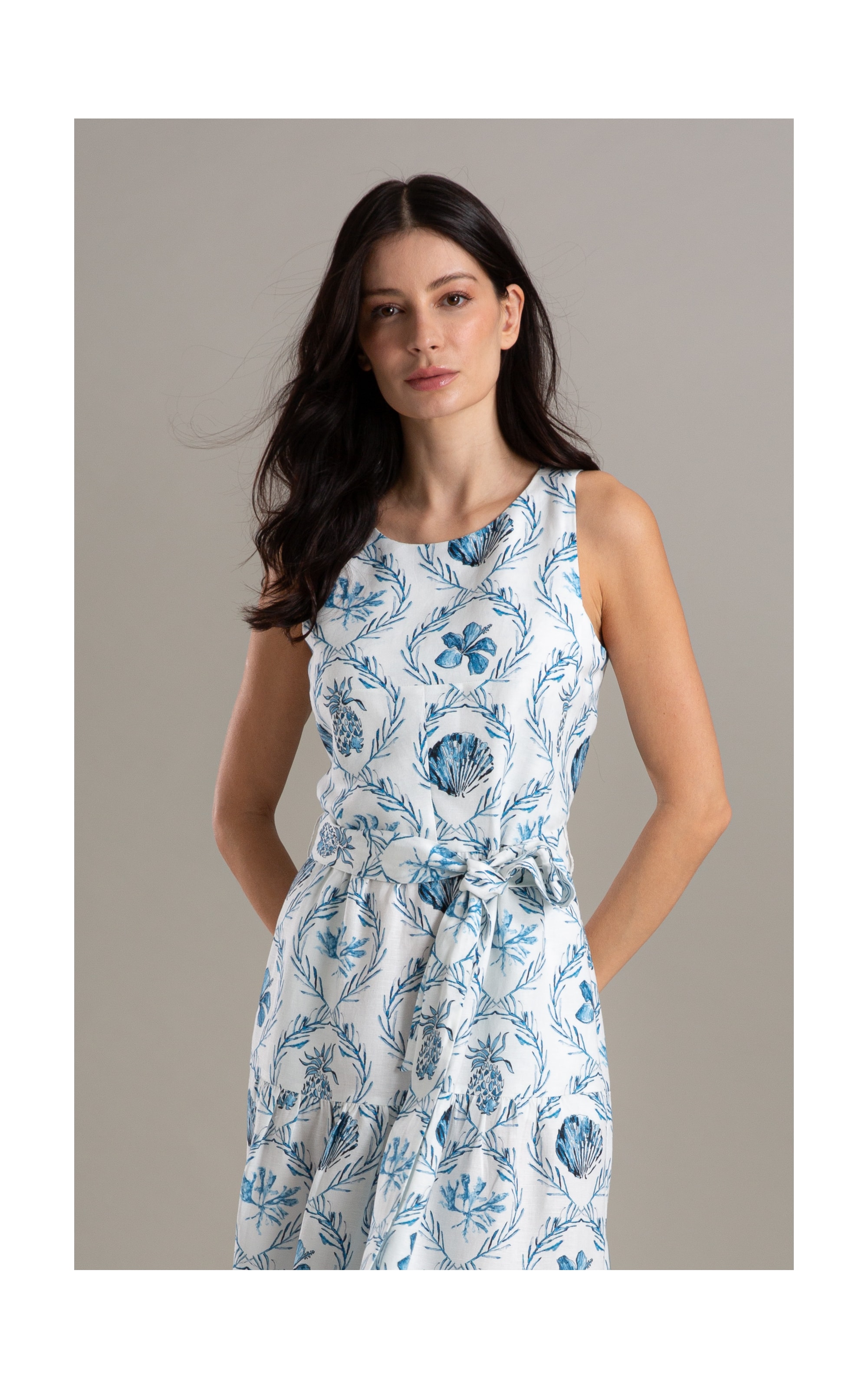 Vestido Linho  Diamond Ln Estampa Camafeu Marinho