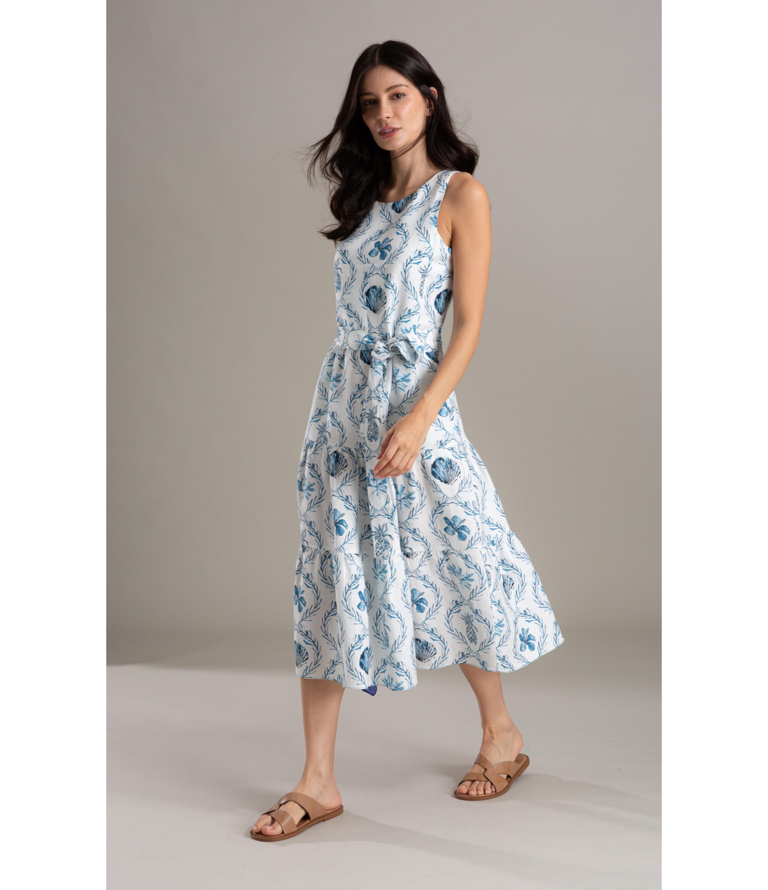 Vestido Linho  Diamond Ln Estampa Camafeu Marinho