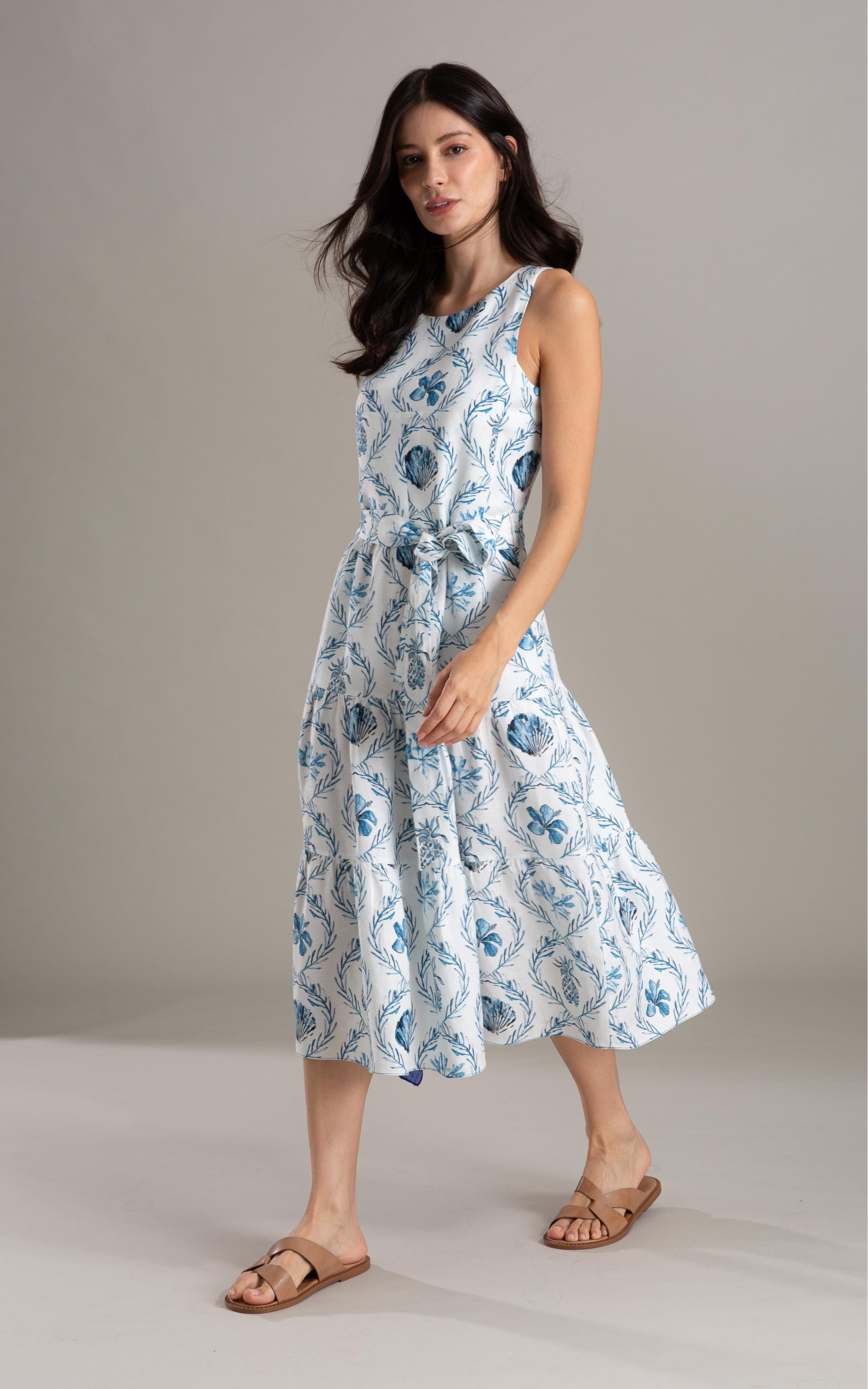 Vestido Linho  Diamond Ln Estampa Camafeu Marinho