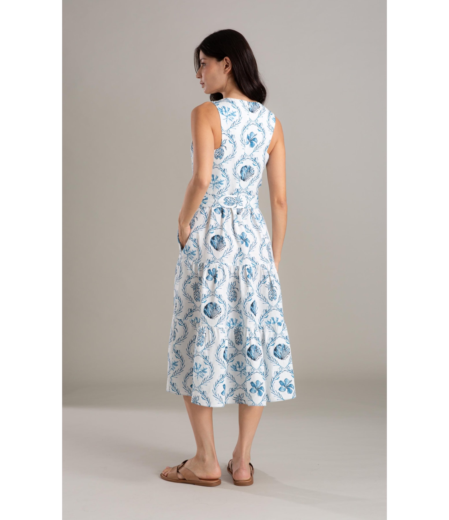 Vestido Linho  Diamond Ln Estampa Camafeu Marinho