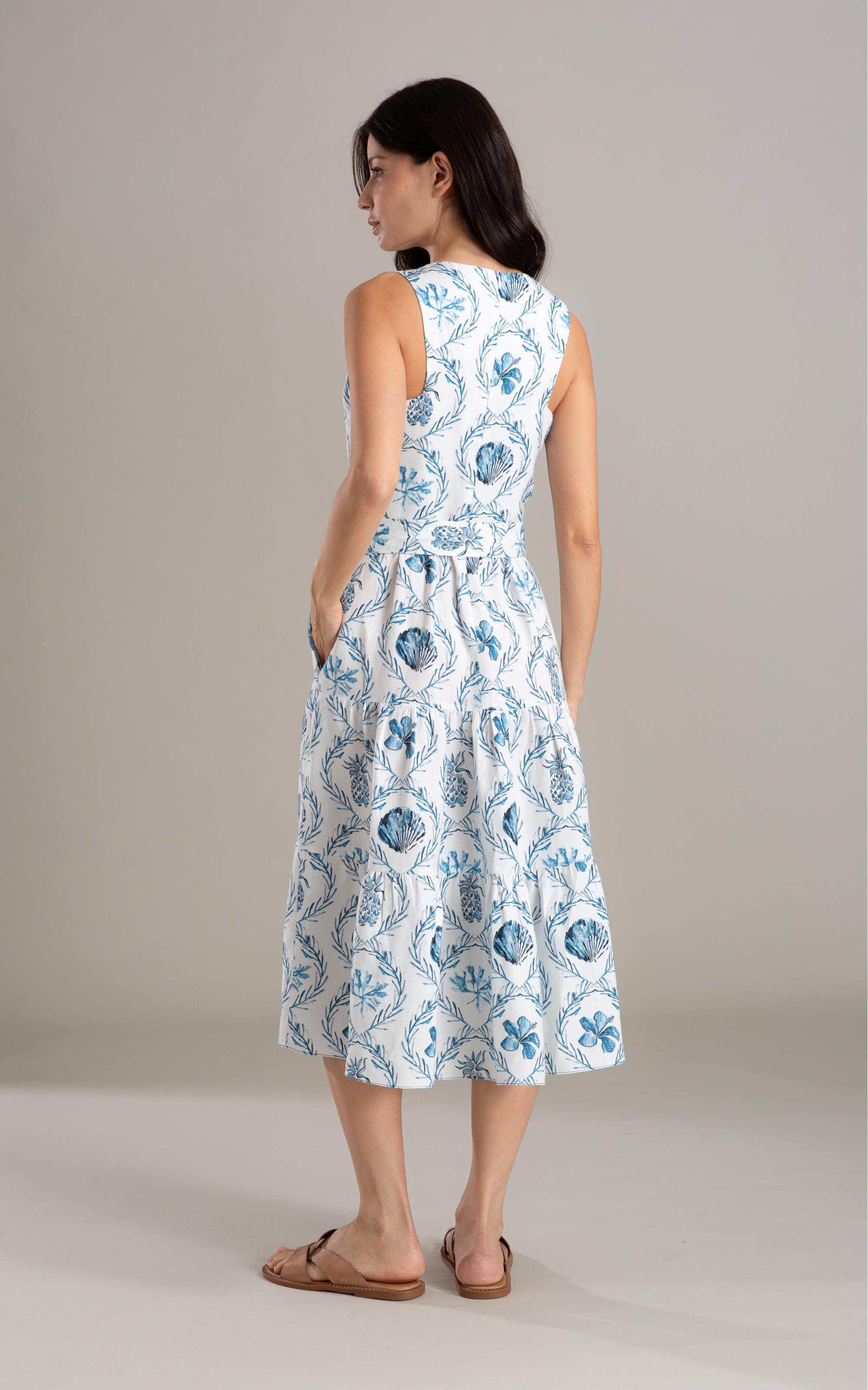 Vestido Linho  Diamond Ln Estampa Camafeu Marinho