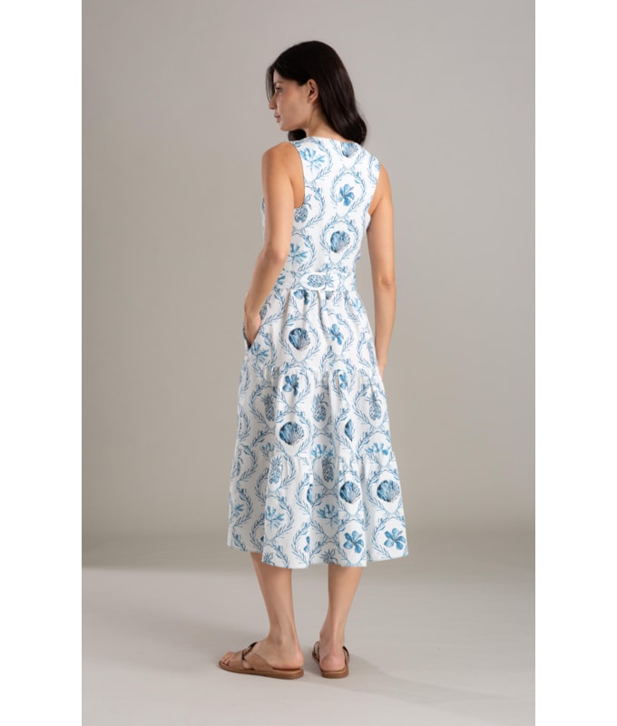 Vestido Linho  Diamond Ln Estampa Camafeu Marinho