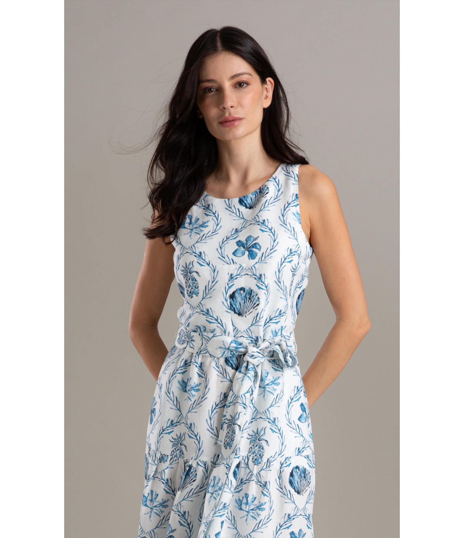 Vestido Linho  Diamond Ln Estampa Camafeu Marinho