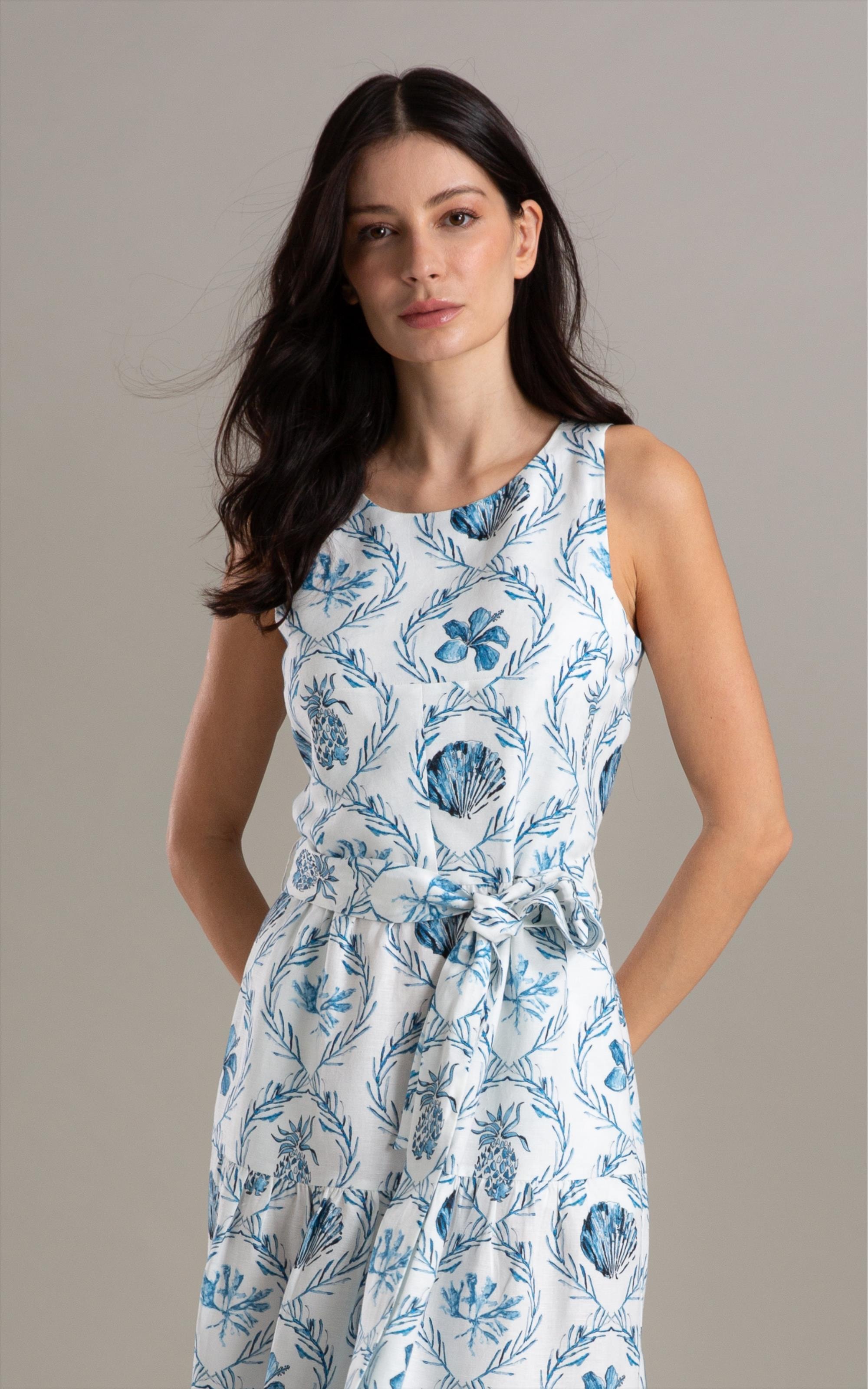 Vestido Linho  Diamond Ln Estampa Camafeu Marinho