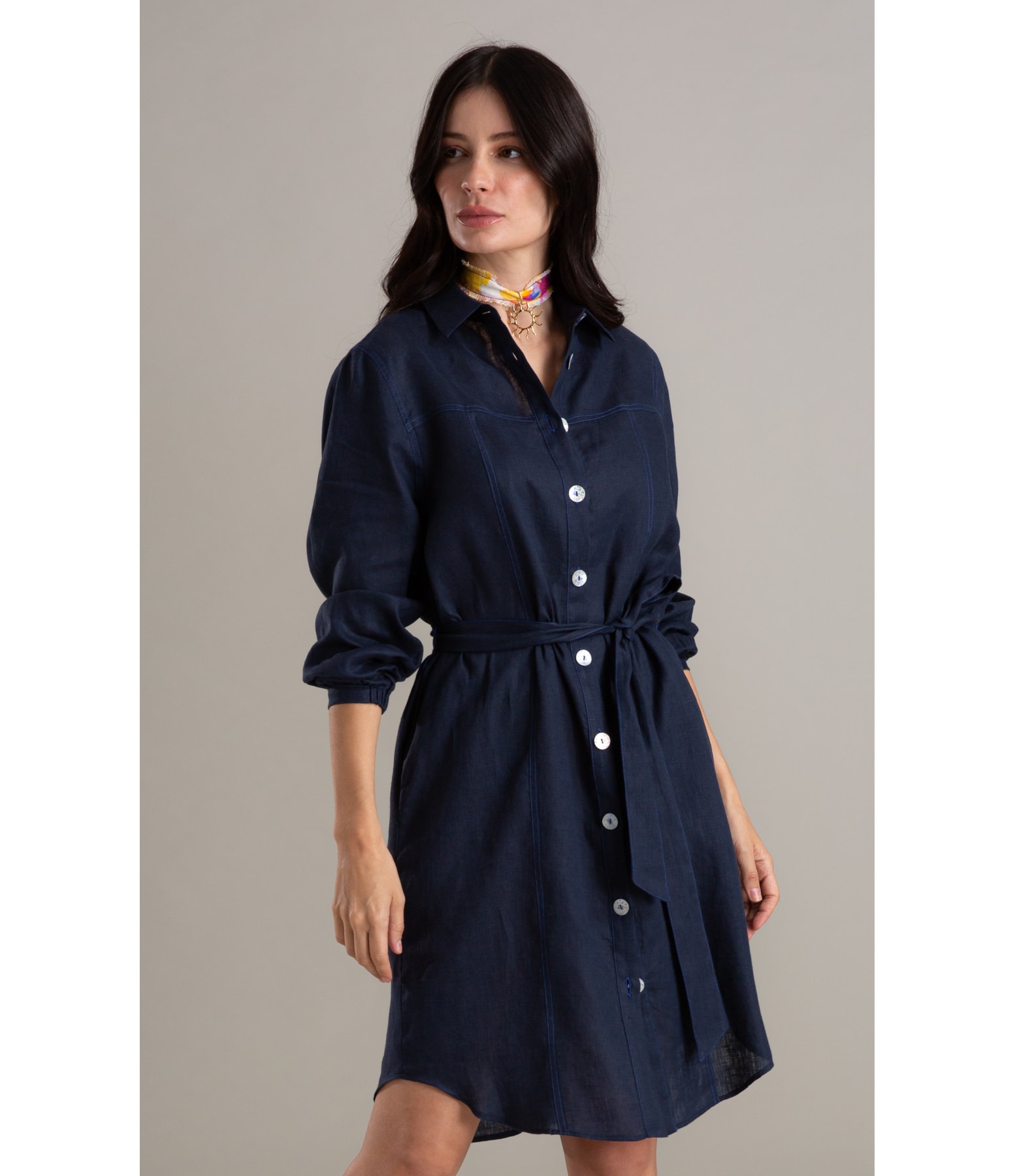 Vestido Linho  Emi  Liso Dark Navy
