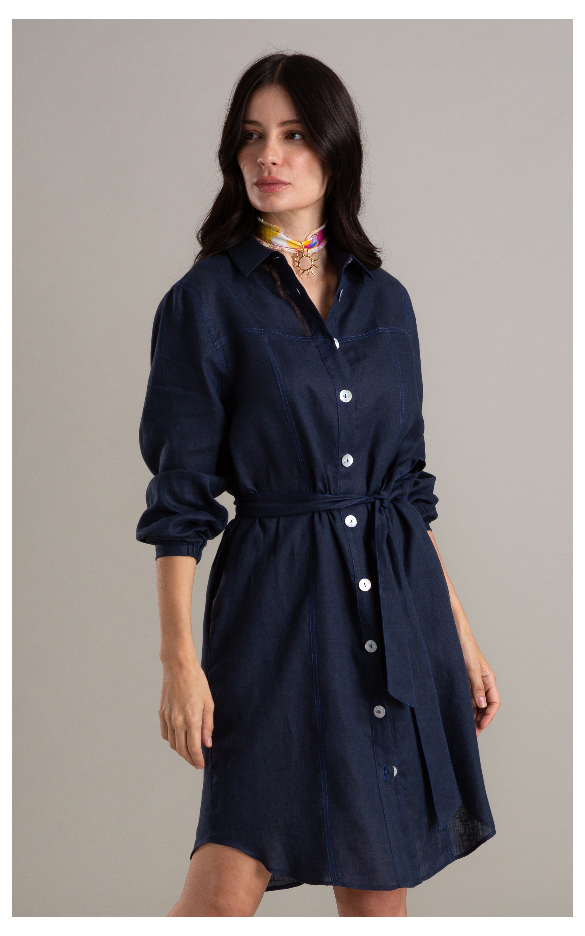Vestido Linho  Emi  Liso Dark Navy