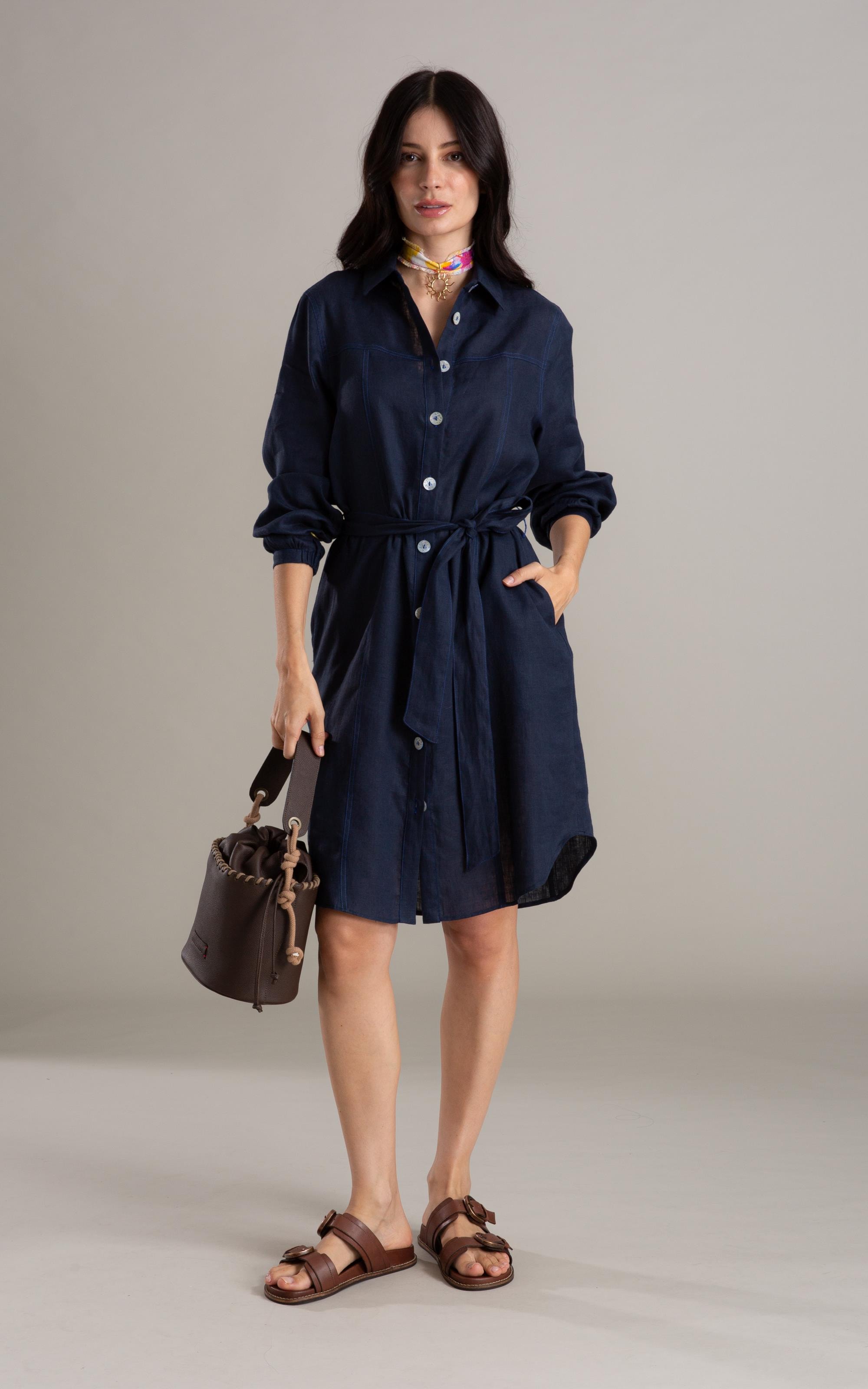 Vestido Linho  Emi  Liso Dark Navy