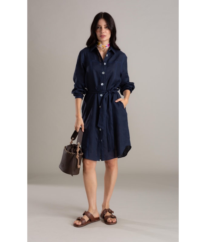 Vestido Linho  Emi  Liso Dark Navy
