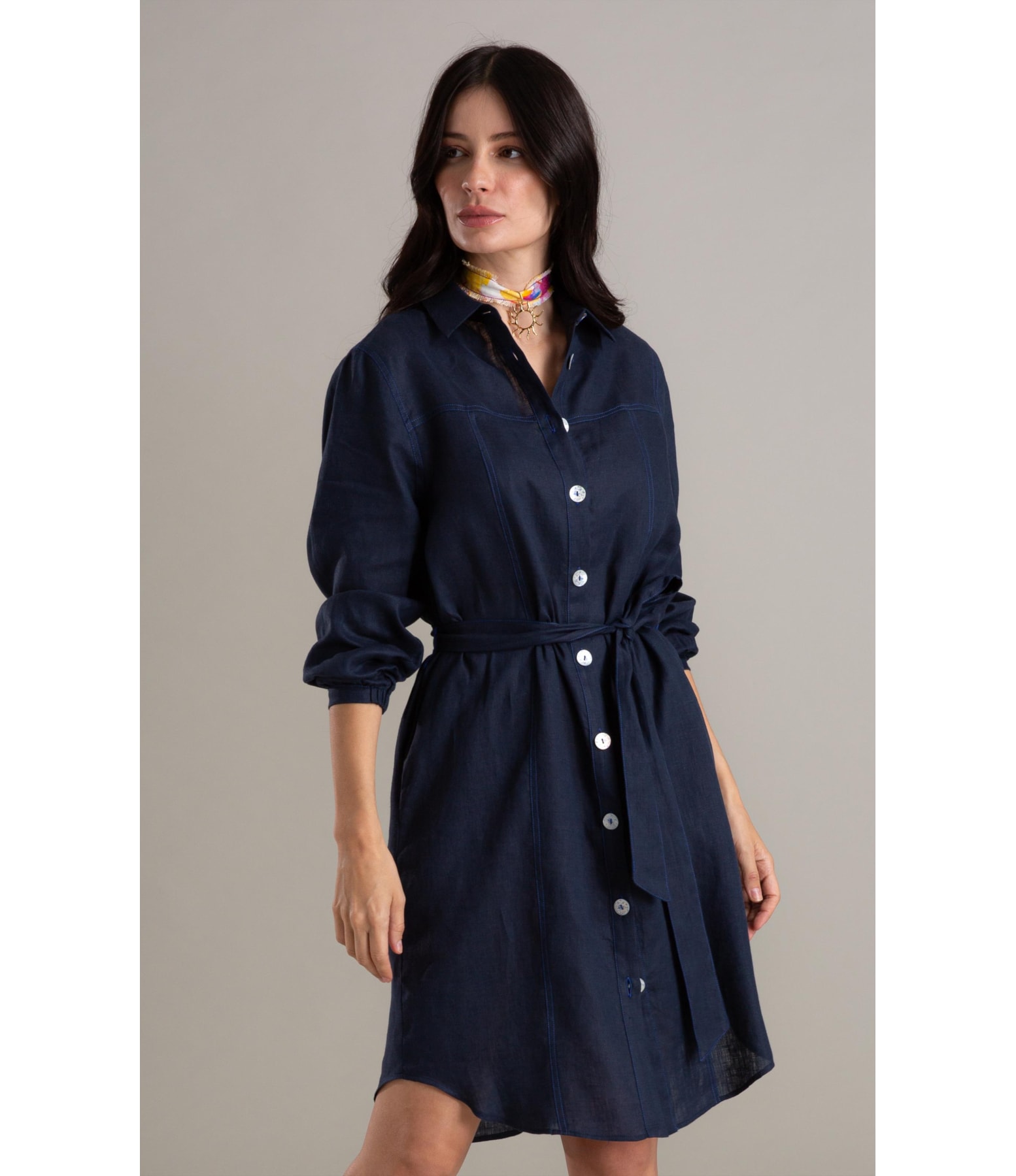 Vestido Linho  Emi  Liso Dark Navy