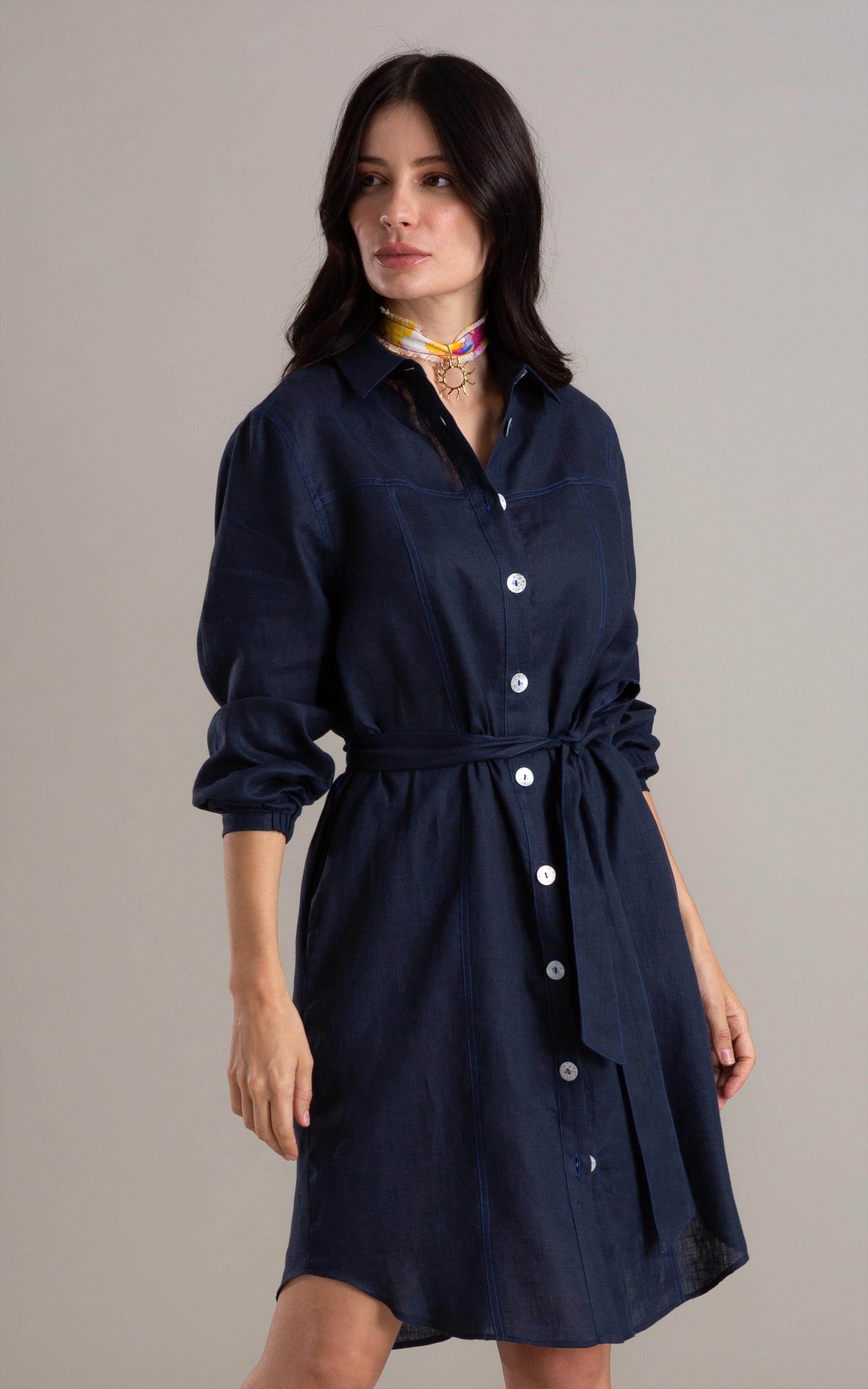 Vestido Linho  Emi  Liso Dark Navy