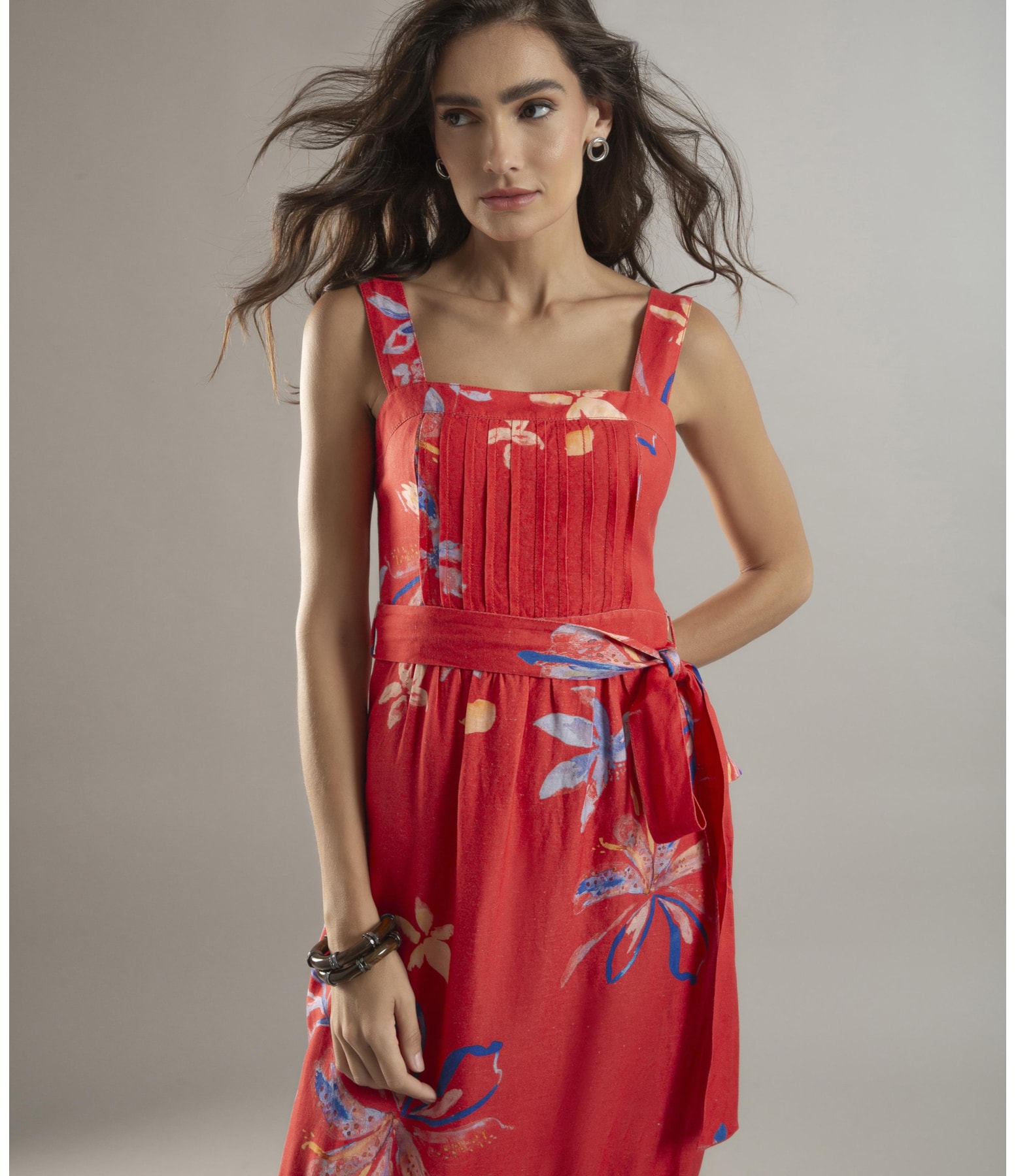 Vestido Linho  Fa Estampa Soft Flower Vermelho