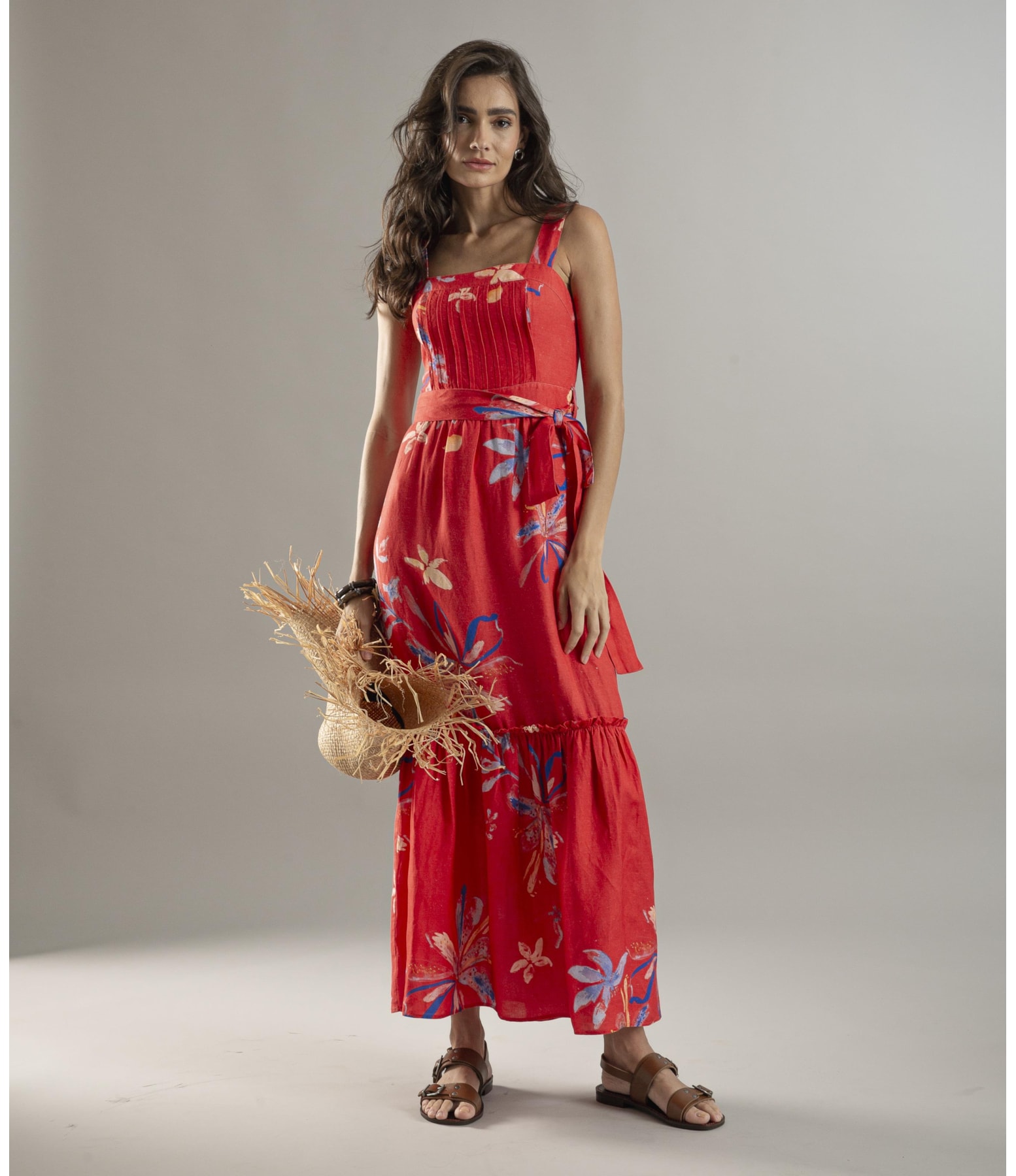 Vestido Linho  Fa Estampa Soft Flower Vermelho