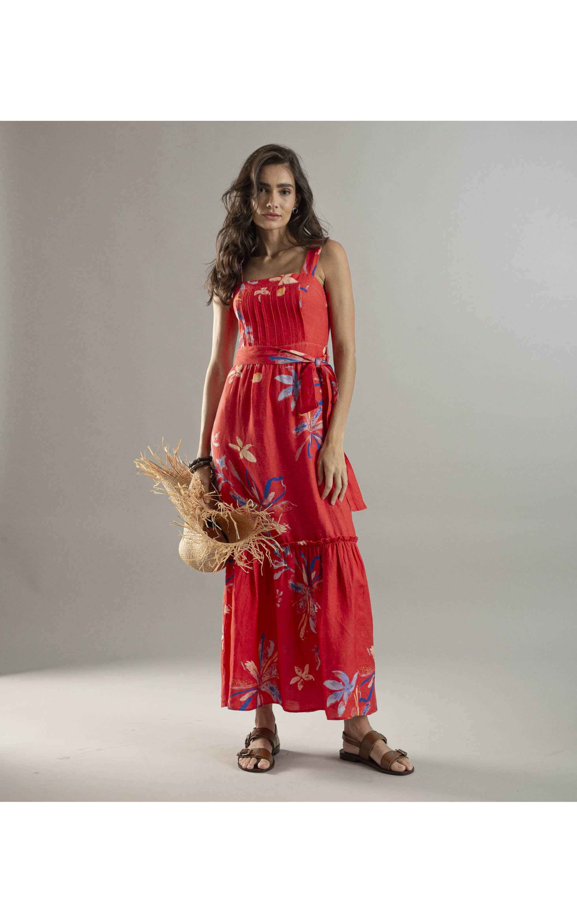 Vestido Linho  Fa Estampa Soft Flower Vermelho