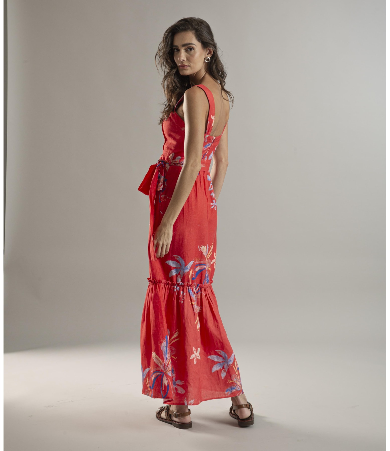 Vestido Linho  Fa Estampa Soft Flower Vermelho