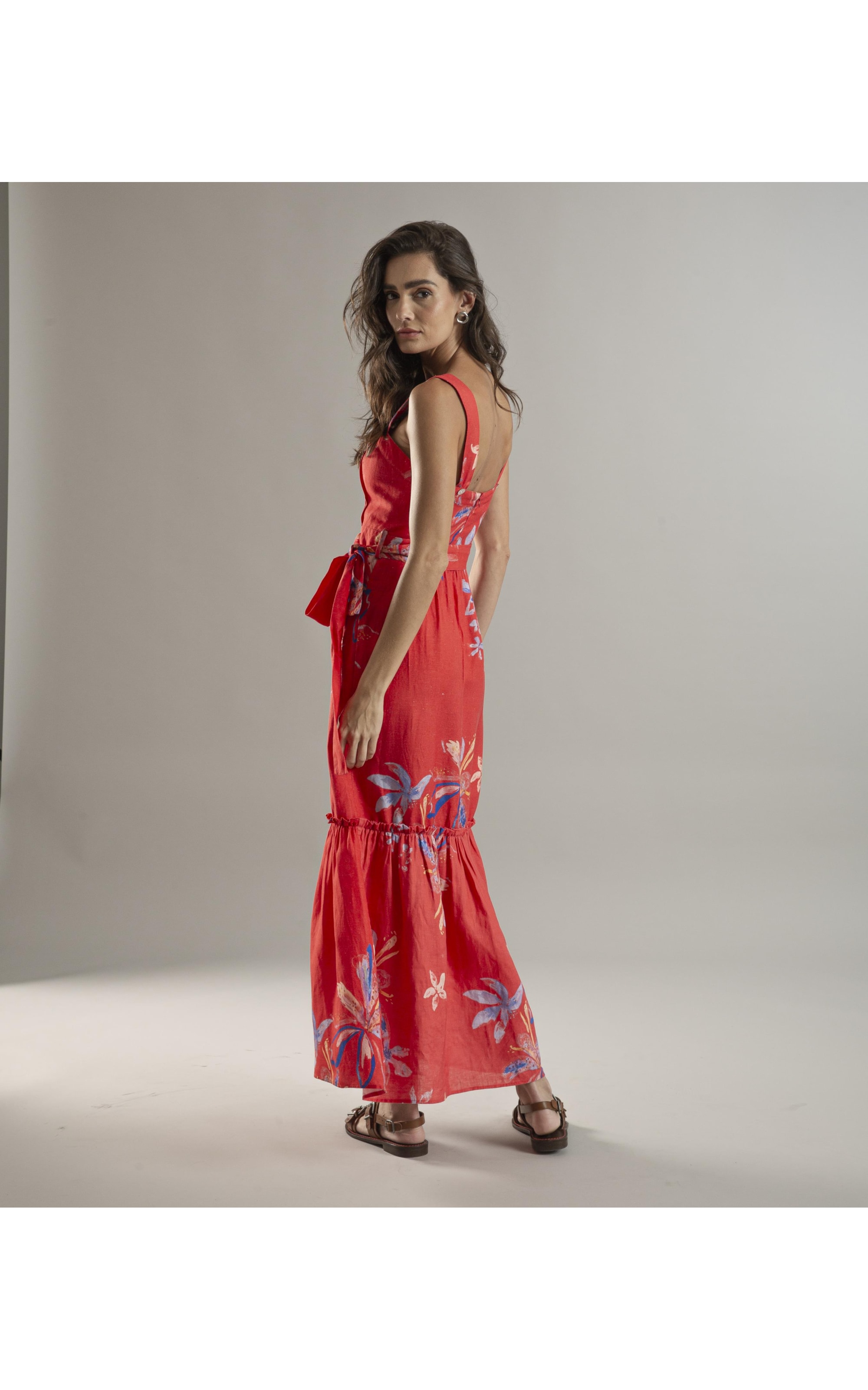 Vestido Linho  Fa Estampa Soft Flower Vermelho