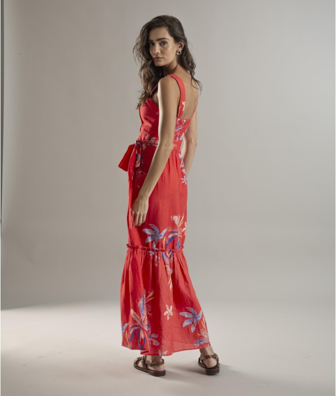 Vestido Linho  Fa Estampa Soft Flower Vermelho