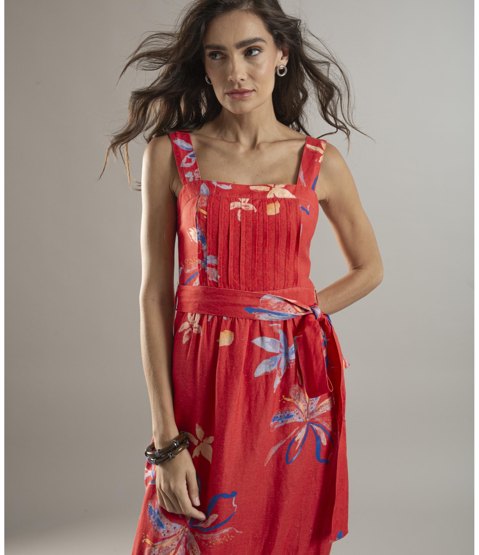 Vestido Linho  Fa Estampa Soft Flower Vermelho