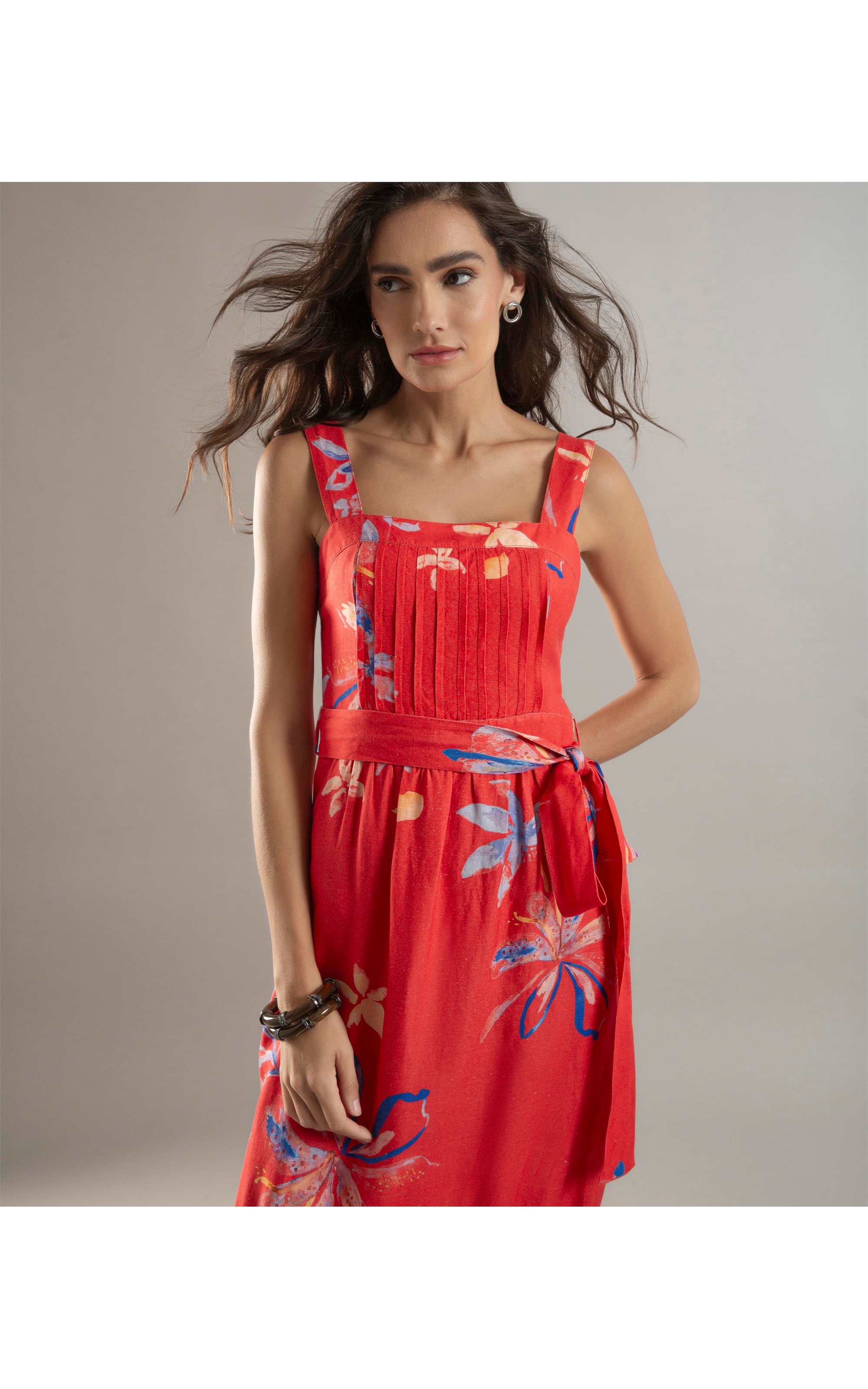 Vestido Linho  Fa Estampa Soft Flower Vermelho
