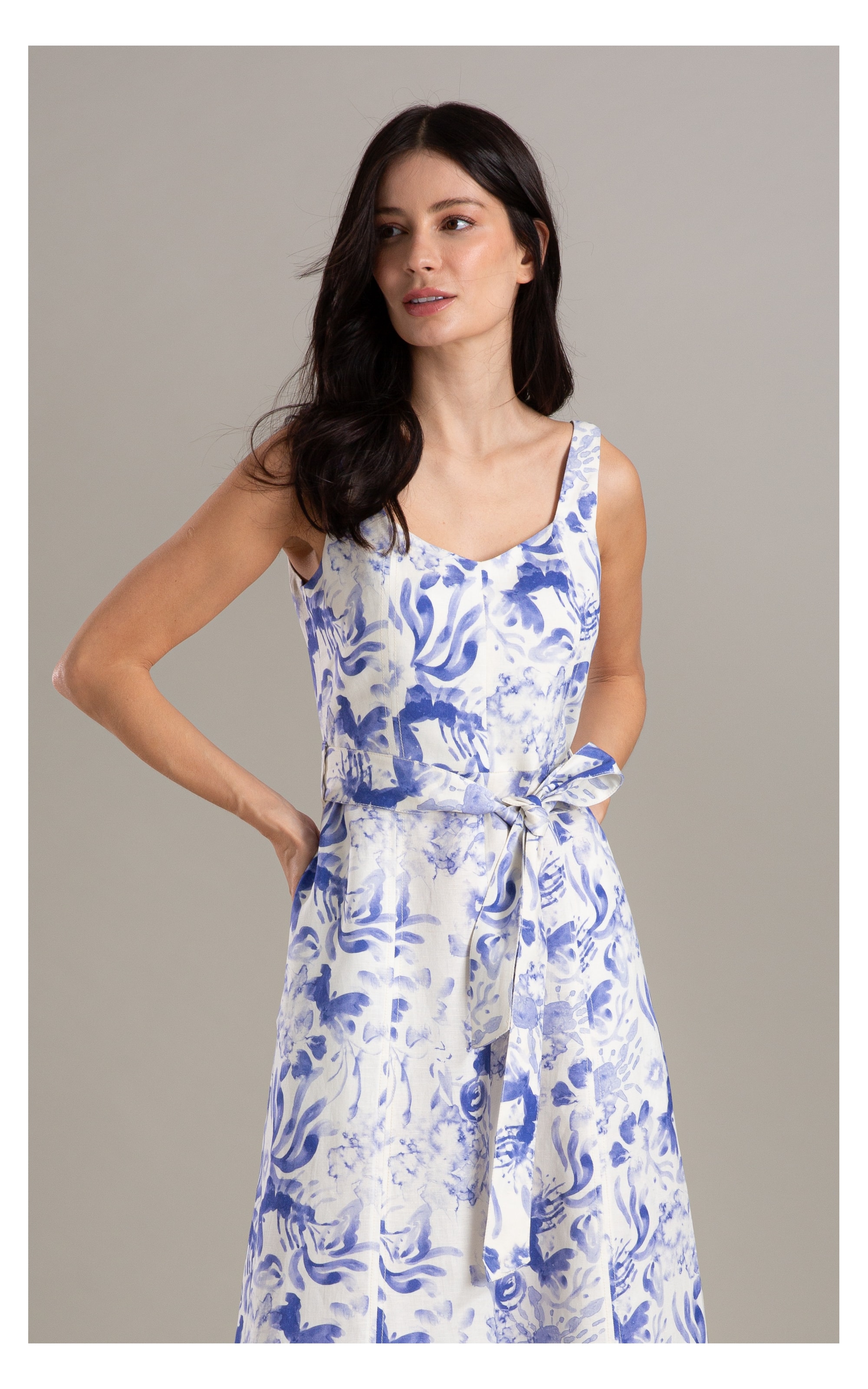 Vestido Linho  Gemma  Estampa Water Lavanda
