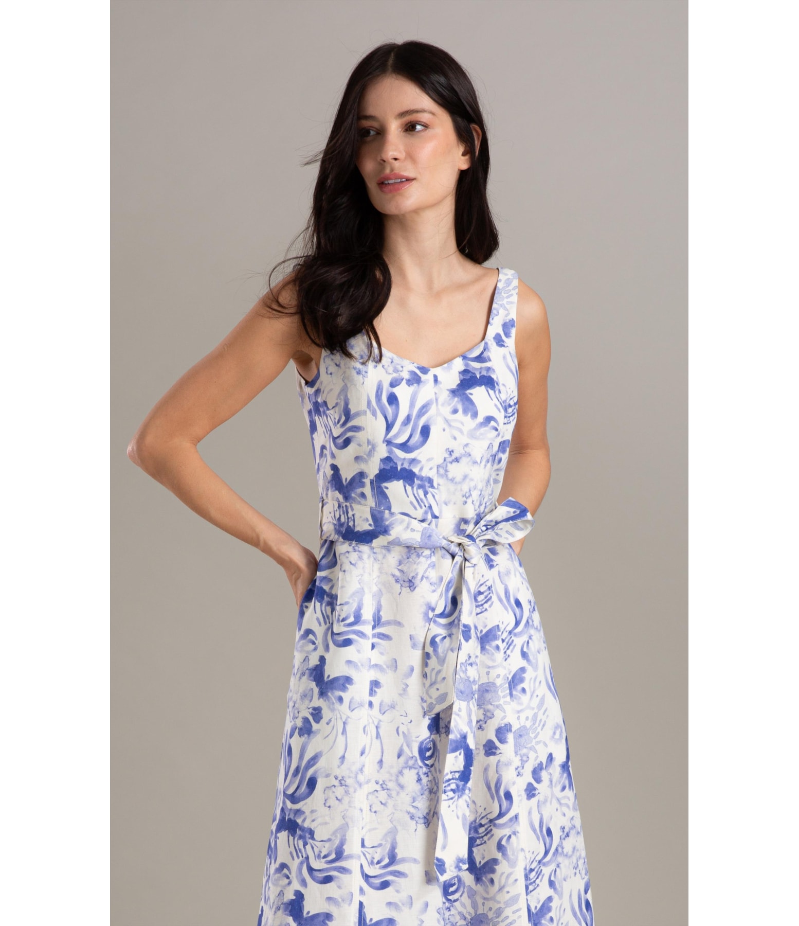 Vestido Linho  Gemma  Estampa Water Lavanda