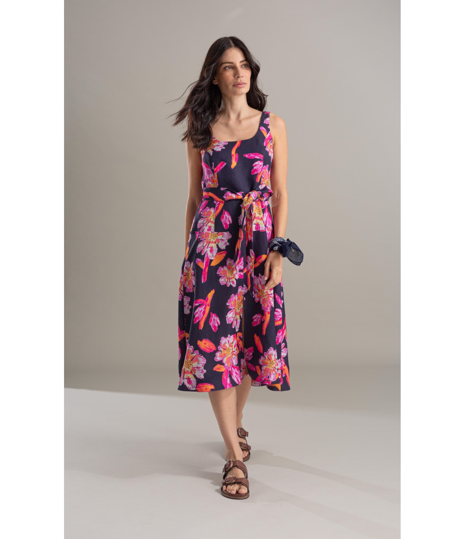 Vestido Linho  Grace  Estampa Artflower Dark Navy