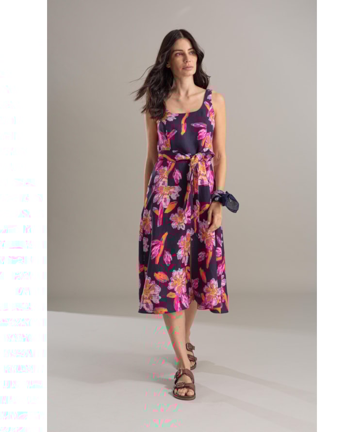 Vestido Linho  Grace  Estampa Artflower Dark Navy