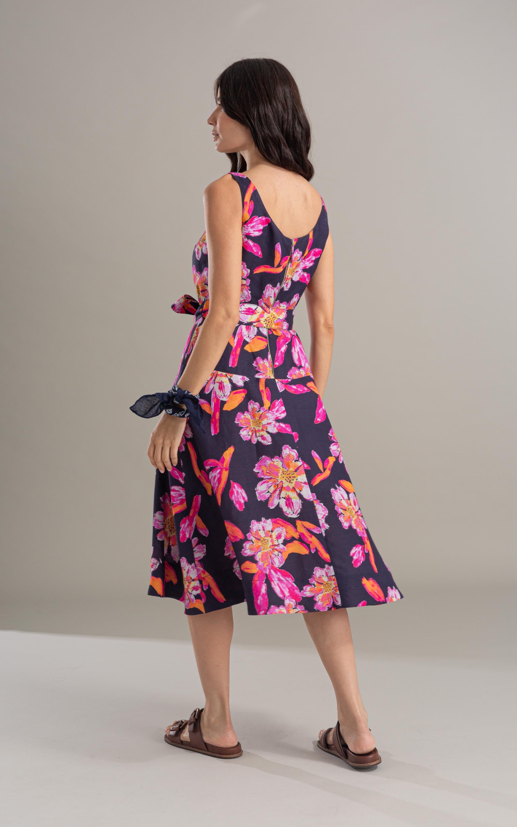 Vestido Linho  Grace  Estampa Artflower Dark Navy