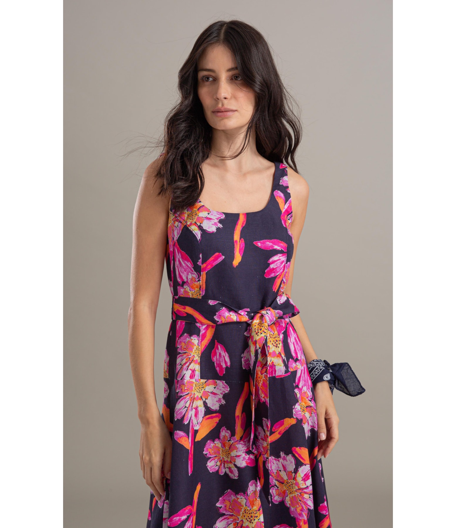 Vestido Linho  Grace  Estampa Artflower Dark Navy