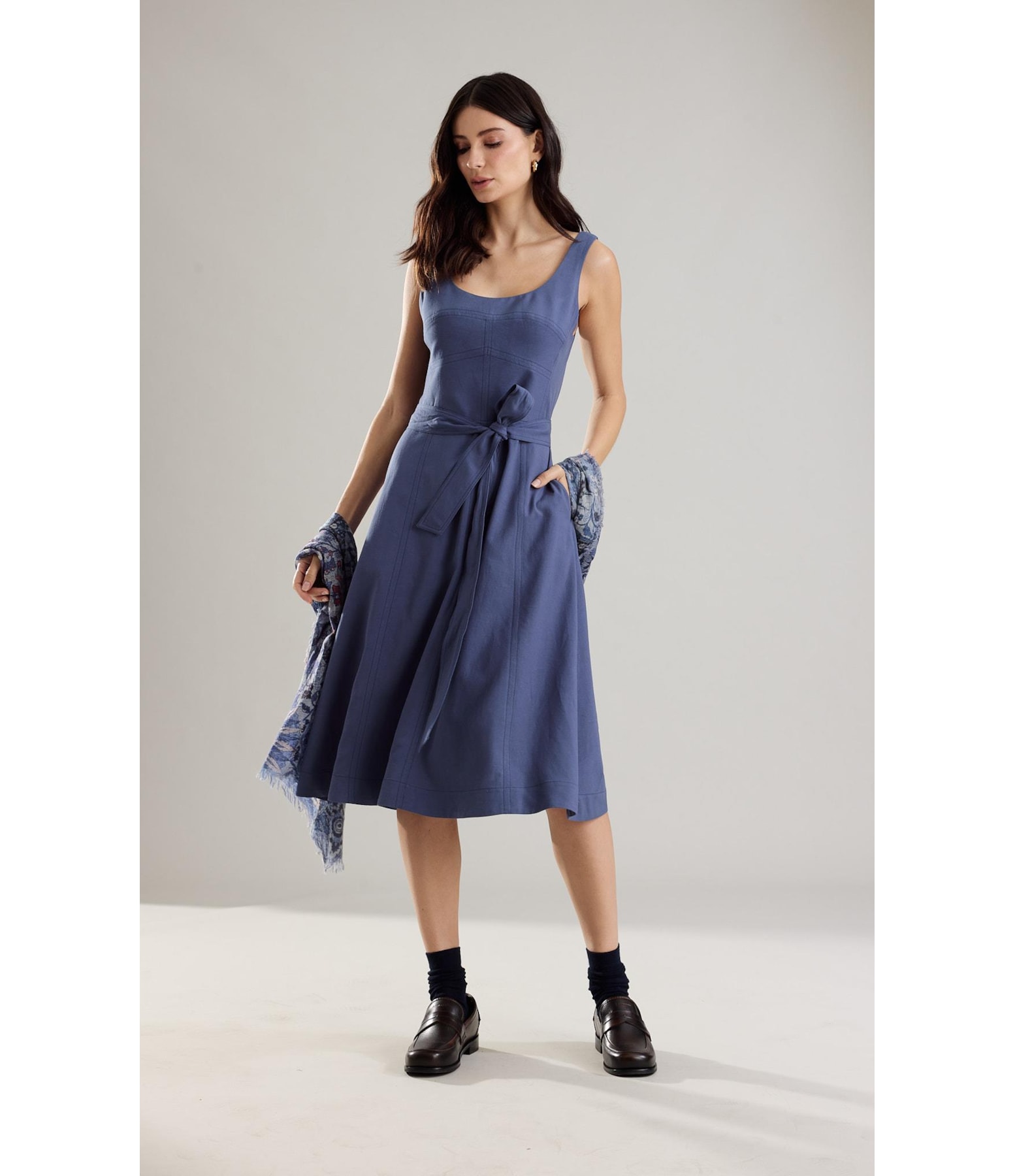 Vestido Linho  Lena  Liso Azul Medio