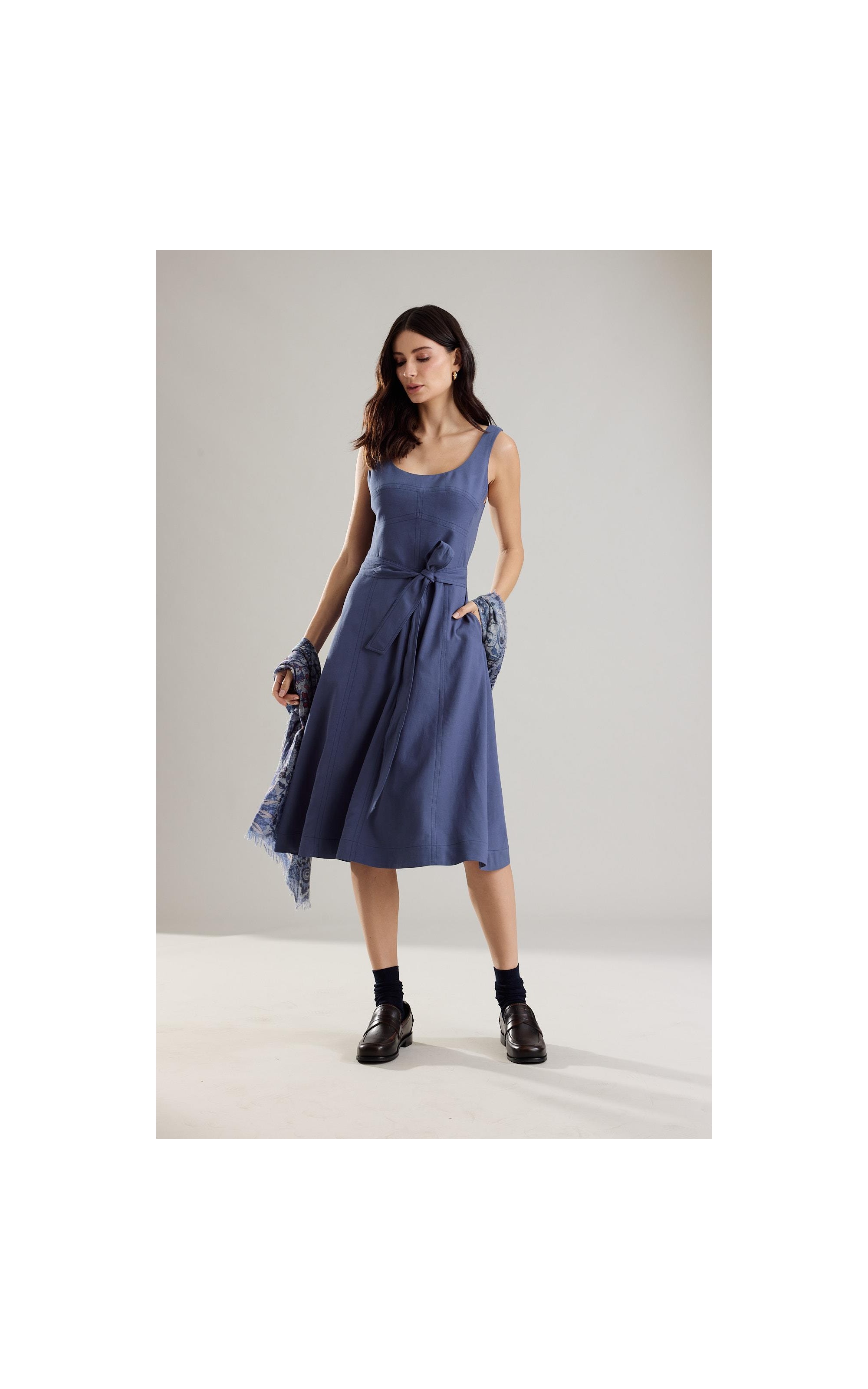 Vestido Linho  Lena  Liso Azul Medio