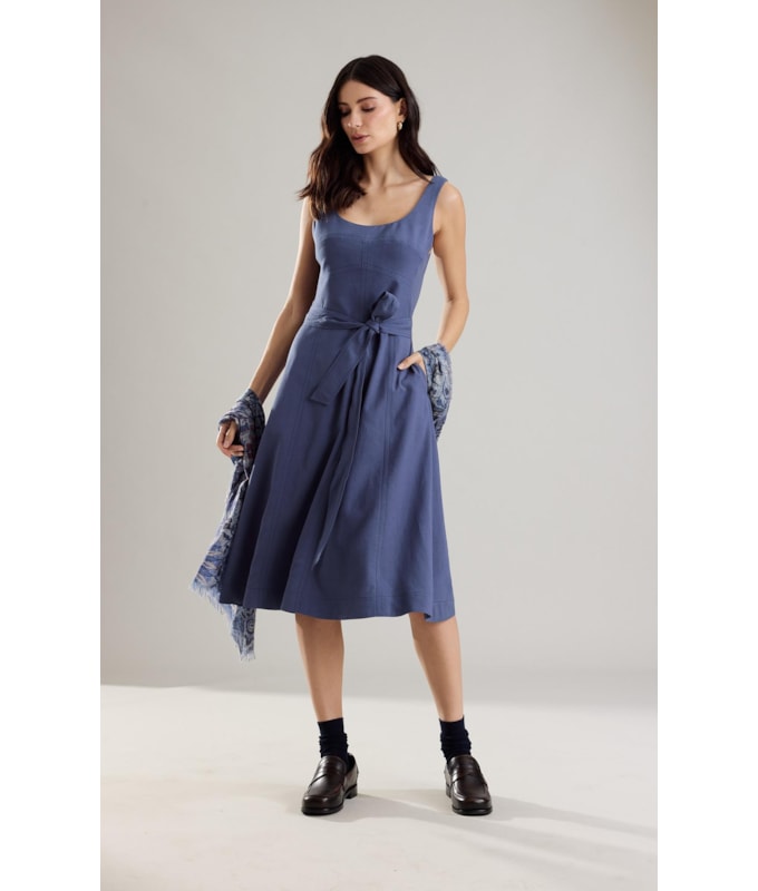 Vestido Linho  Lena  Liso Azul Medio