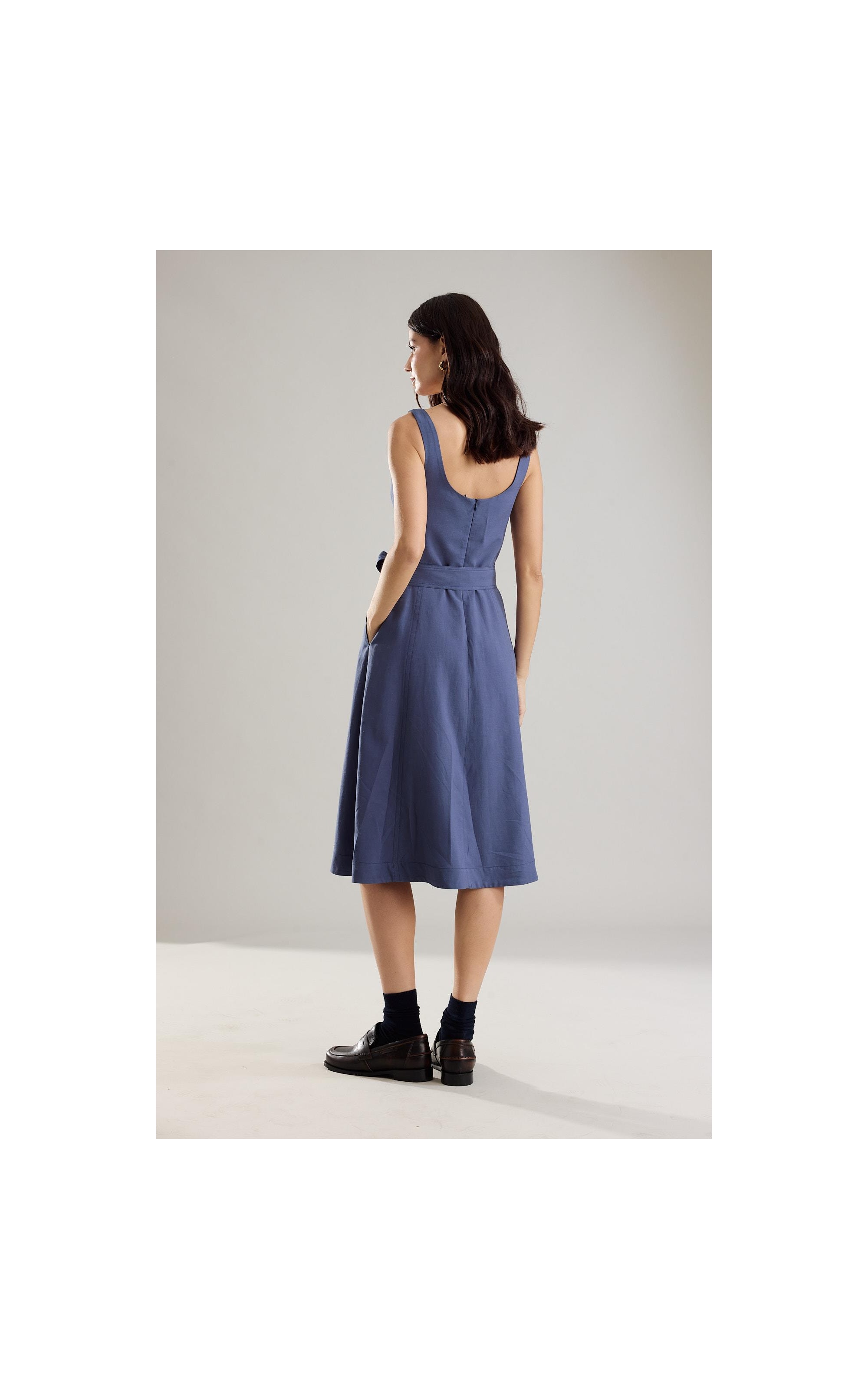 Vestido Linho  Lena  Liso Azul Medio