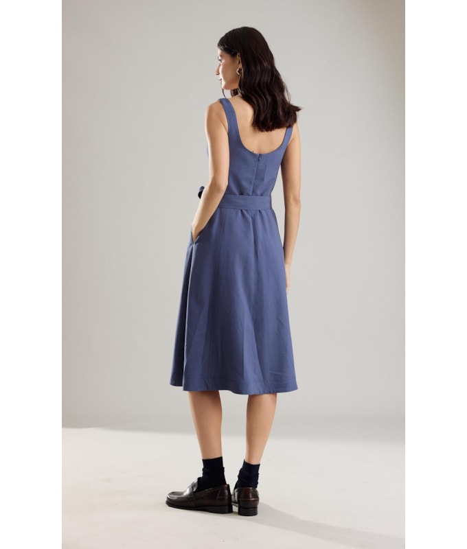 Vestido Linho  Lena  Liso Azul Medio