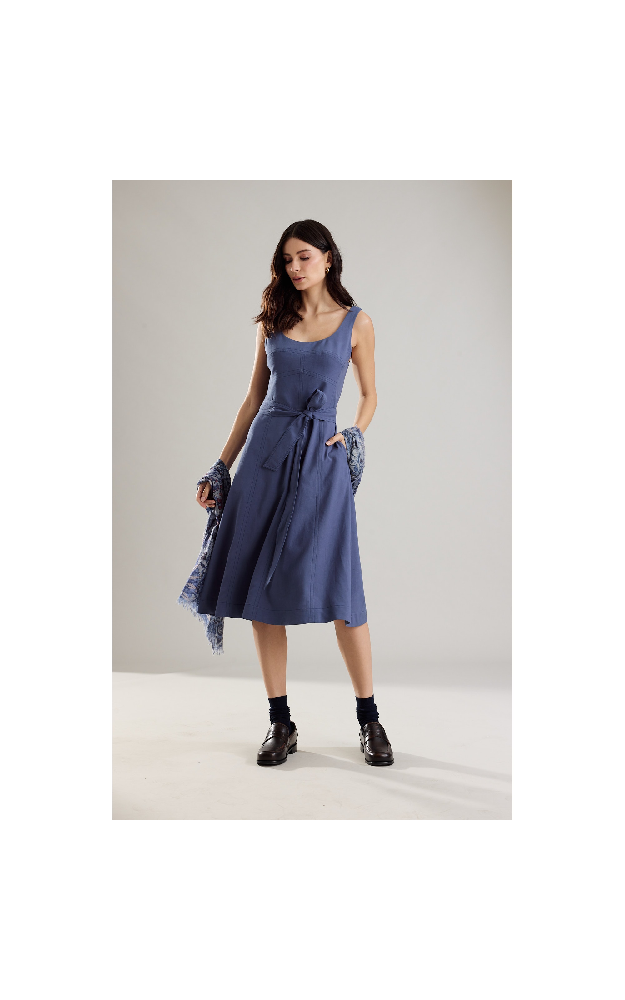 Vestido Linho  Lena  Liso Azul Medio