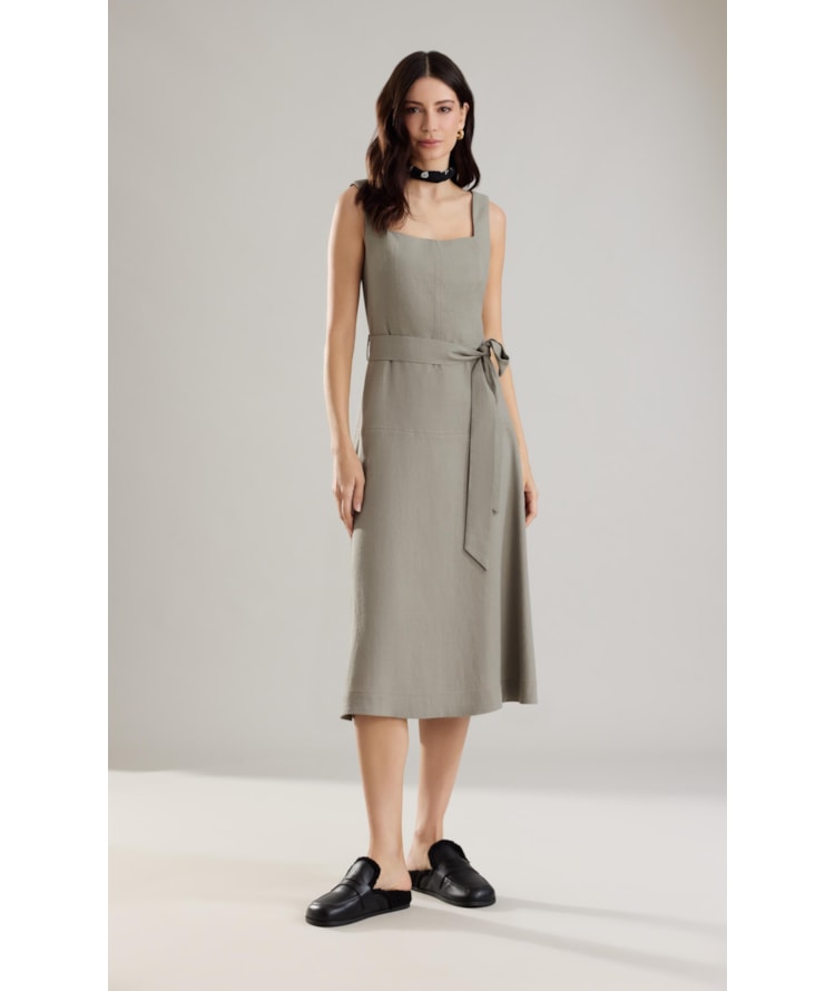 Vestido Linho  Libia  Liso Caqui