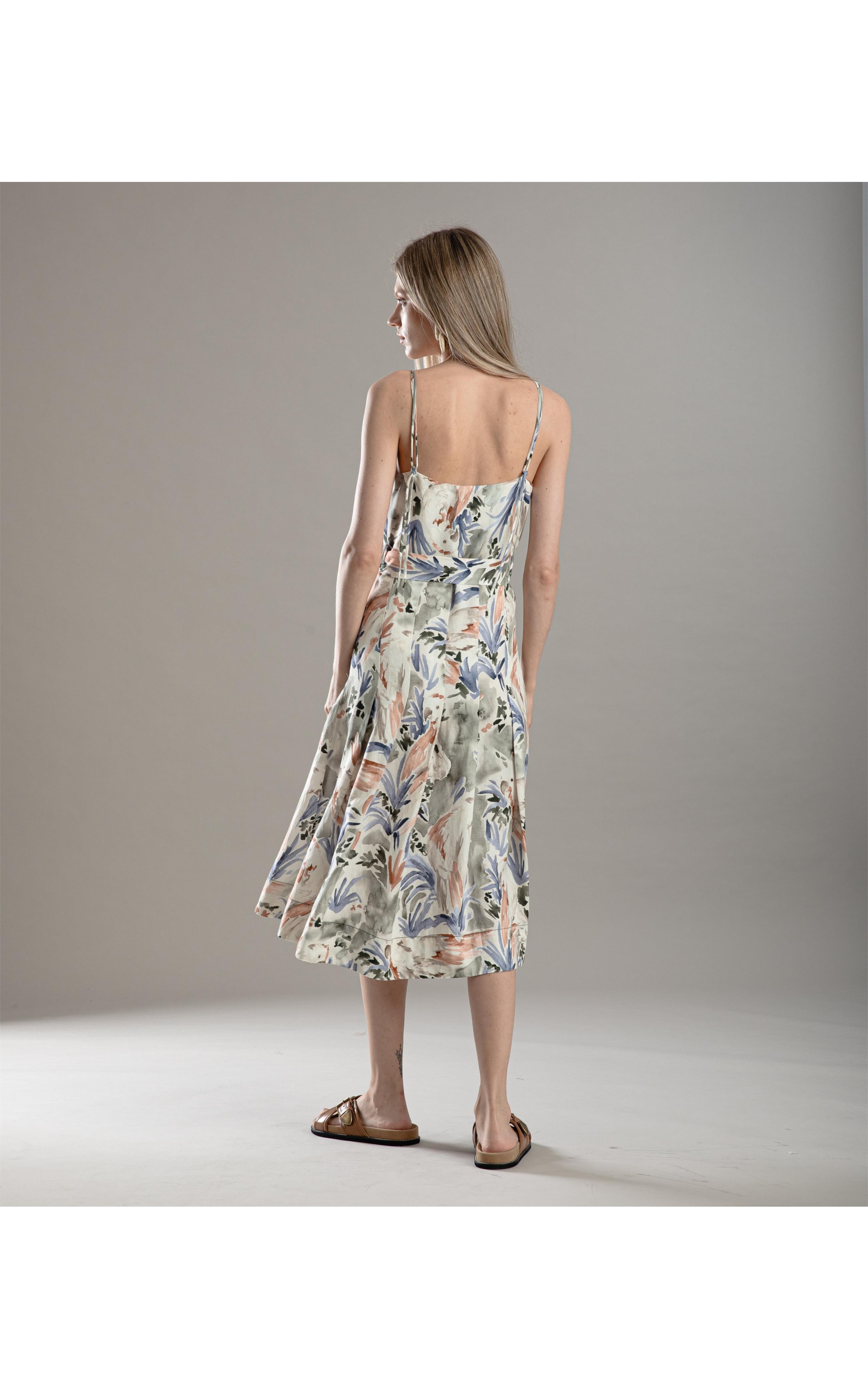 Vestido Linho  Liz  Estampa Araras Verde Army